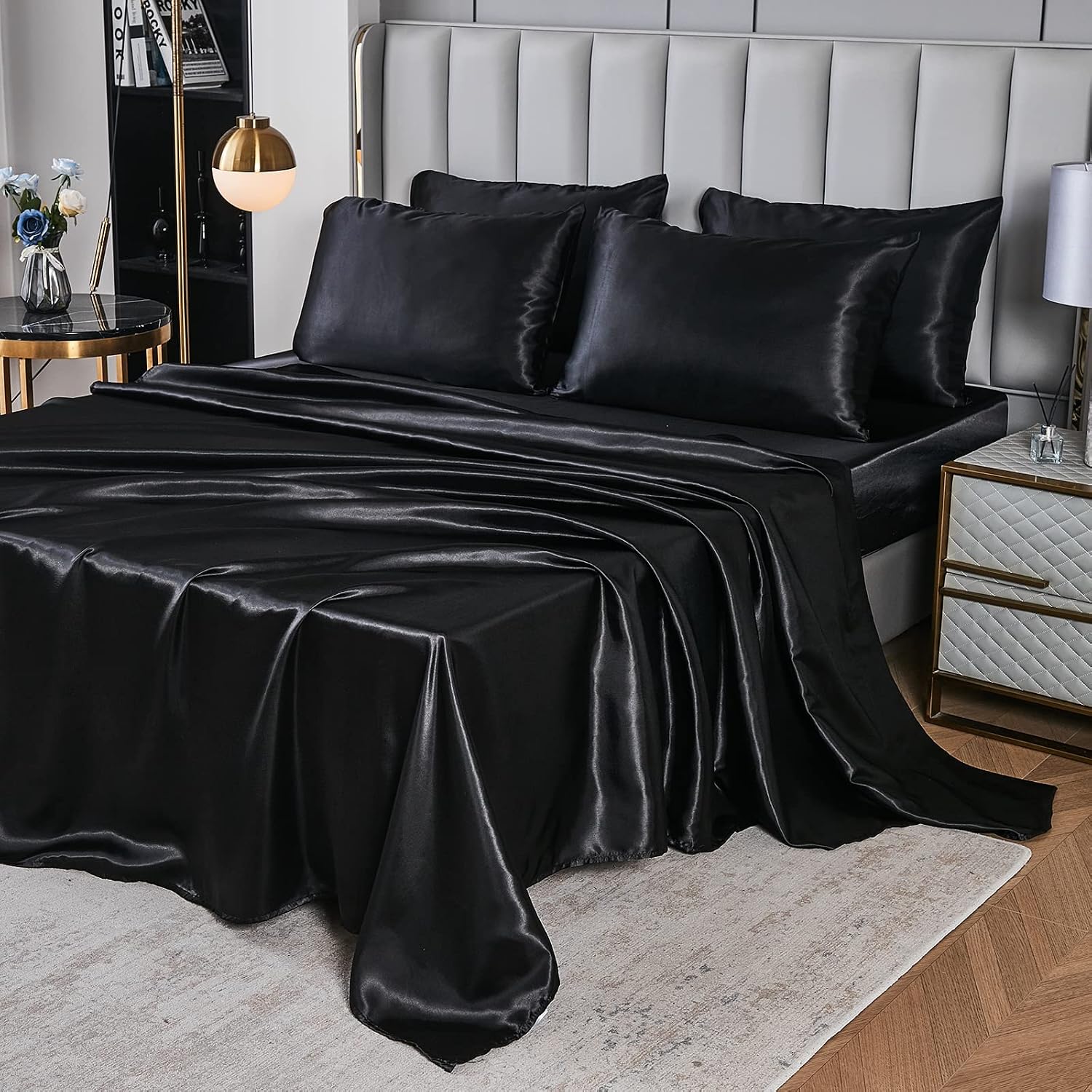 Herside Black Satin Comforter Set 7 Pieces King Size Bed in a Bag Luxurious Satin Bedding Set with Comforter Pillowcases and Sheets Sets Mini Pompoms Design Super Soft Silky Bed Set for All Seasons