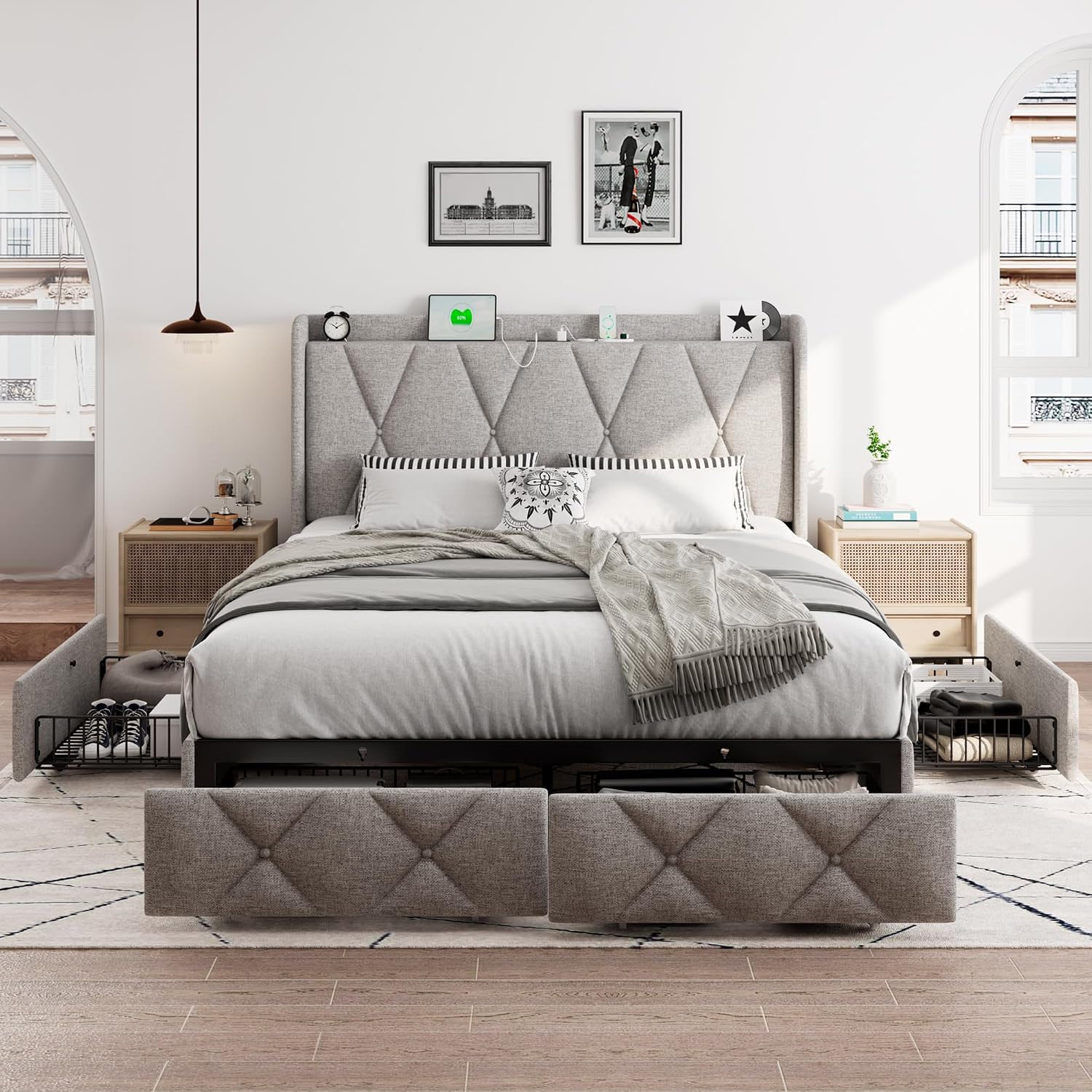 iPormis Full Size Bed Frame with 4 Storage Drawers, Upholstered Platform Bed Frame with Charging Station, Modern Wingback Storage Headboard, Easy Assembly, Light Grey