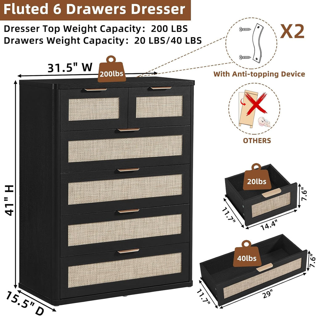 LEYAOYAO Rattan Dresser for Bedroom Set of 2, 42' Tall Chest of Drawers, Modern 6 Drawers Boho Dressers with Storage, Light Oak Dresser Wooden Closet Organizer for Living Room, Hallway, Black