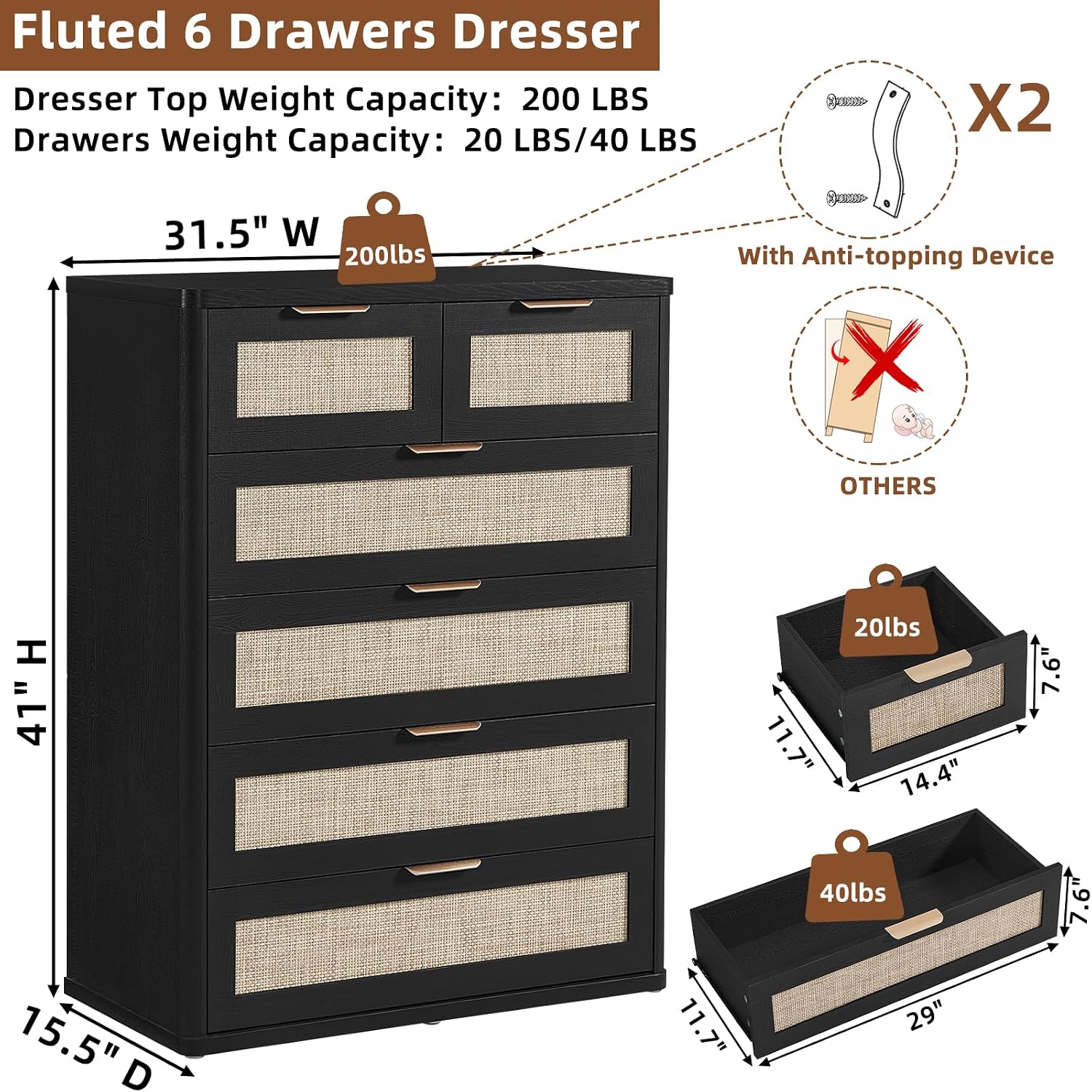 LEYAOYAO Rattan Dresser for Bedroom Set of 2, 42' Tall Chest of Drawers, Modern 6 Drawers Boho Dressers with Storage, Light Oak Dresser Wooden Closet Organizer for Living Room, Hallway, Black