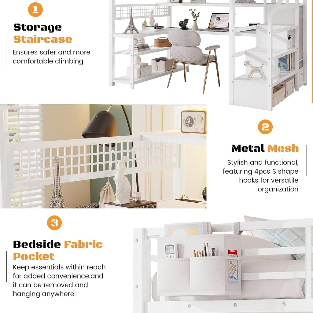 Full Size Loft Bed with Stairs and Desk,Metal Gaming LoftBed with LED Lights,Charging Station, High Loft Beds Frame Full with Storage Shelves,Wardrobe for Teens, Adults, White