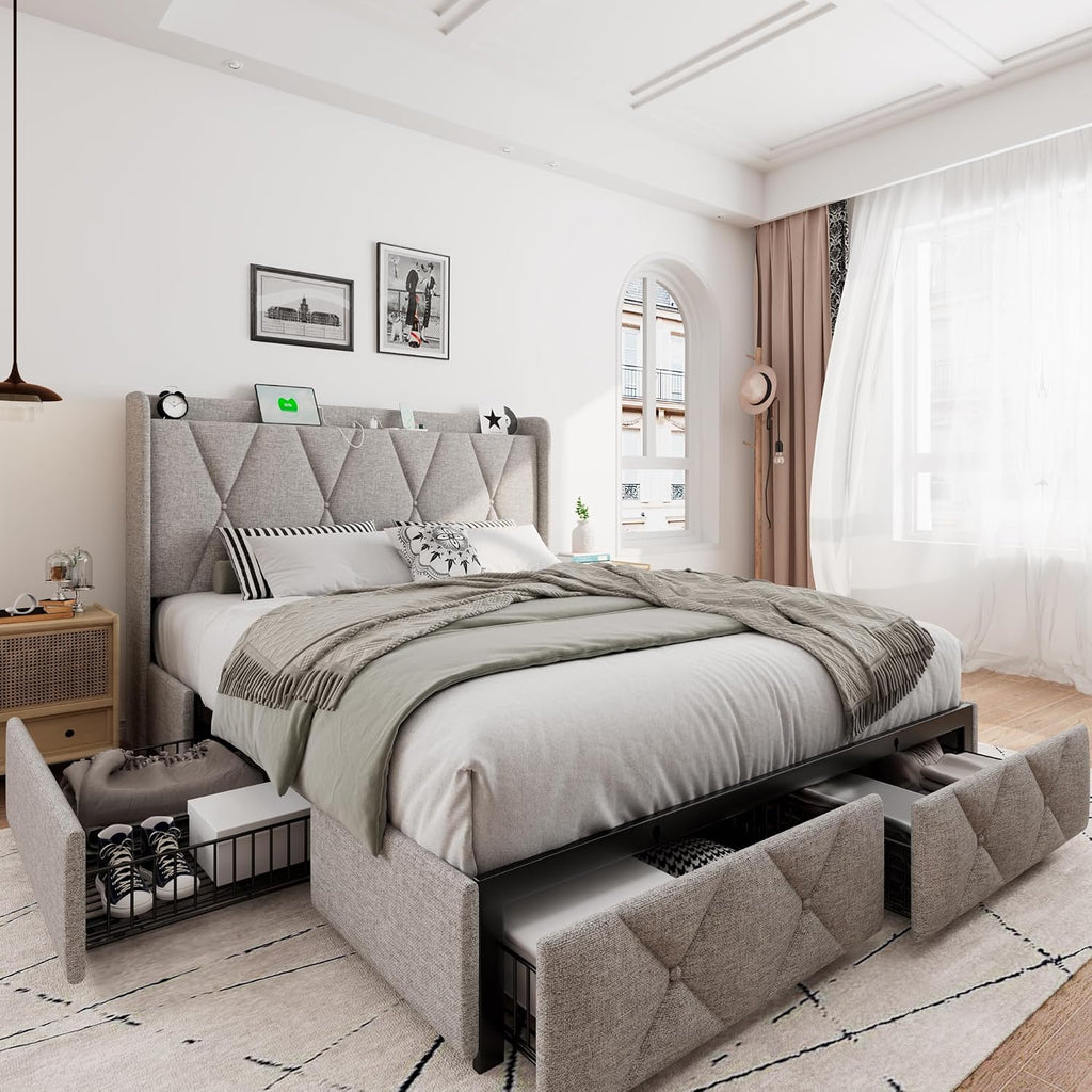 iPormis Full Size Bed Frame with 4 Storage Drawers, Upholstered Platform Bed Frame with Charging Station, Modern Wingback Storage Headboard, Easy Assembly, Light Grey