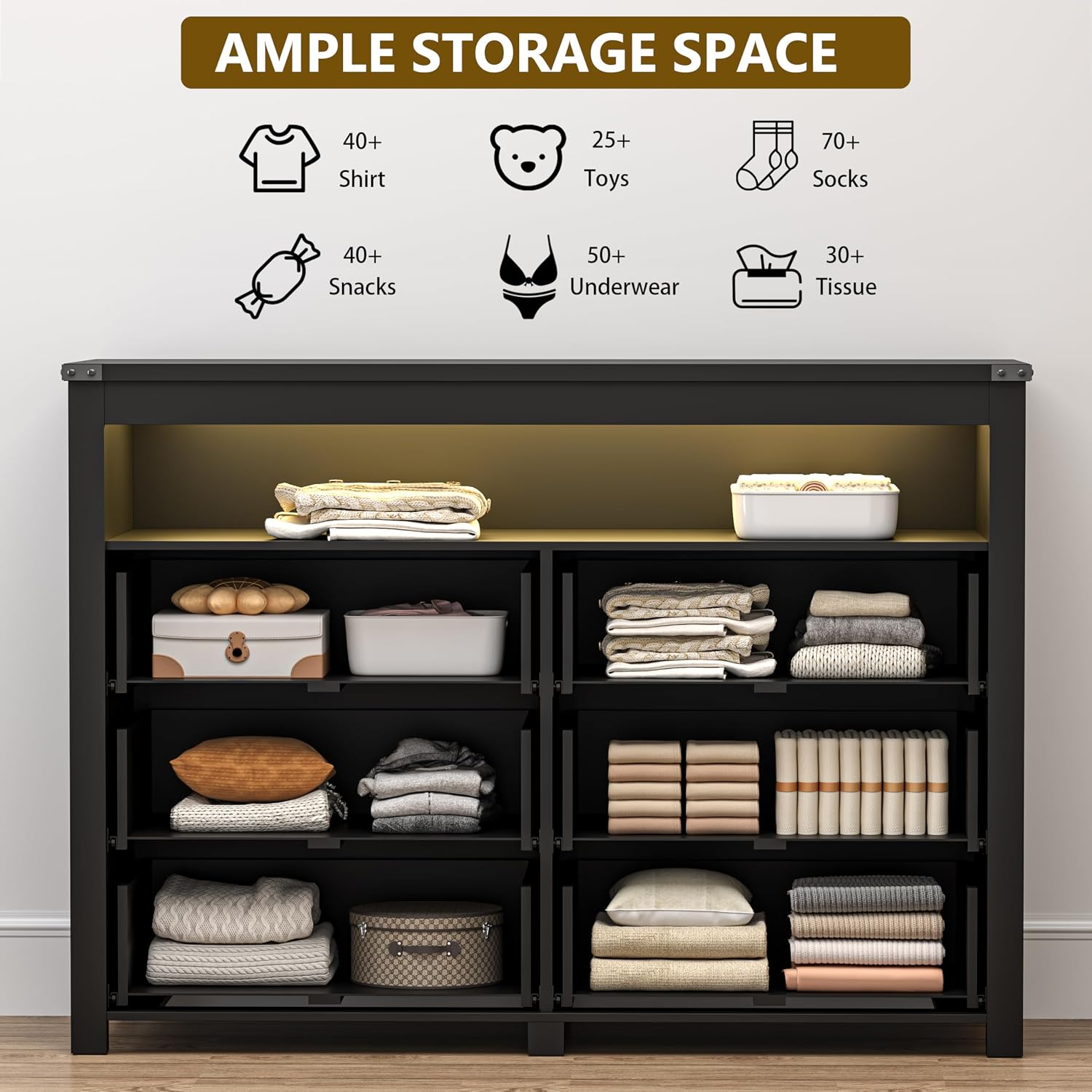 Dresser for Bedroom with 6 Drawers, Wide Chest of Drawers with LED Light and Power Outlet, Wooden Closet Organizer Clothes Storage Cabinet, Modern Double Dressers for Living Room, Hallway, Black