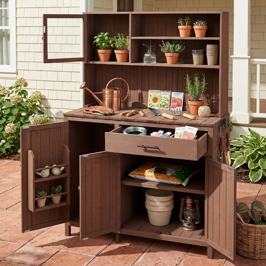 Merax Outdoor Garden Potting Bench with Hutch, 65' H Solid Fir Wood Patio Garden Workstation Tabl with Large Countertop, Adjustable Shelves, Door Rack, Side Hook and Drawer, Brown