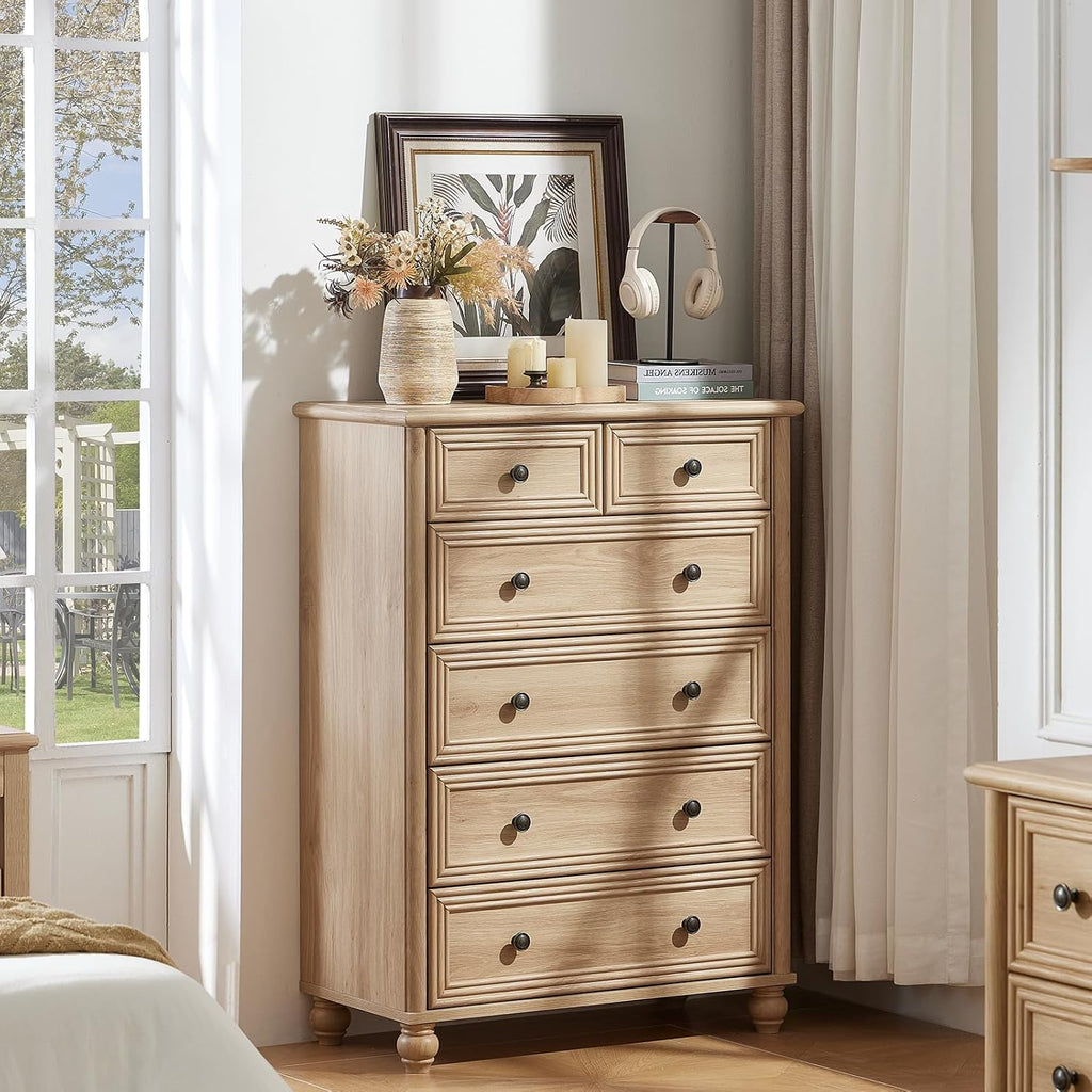 RWYHG Farmhouse 6 Drawer Dresser, 15.75'D x 31.5'W x 43.5'H Chest of Drawers for Bedroom, Natural Tall Dresser with 4 Solid Wood Feet, Wood Storage Dressers Organizer for Living Room Hallway Closet