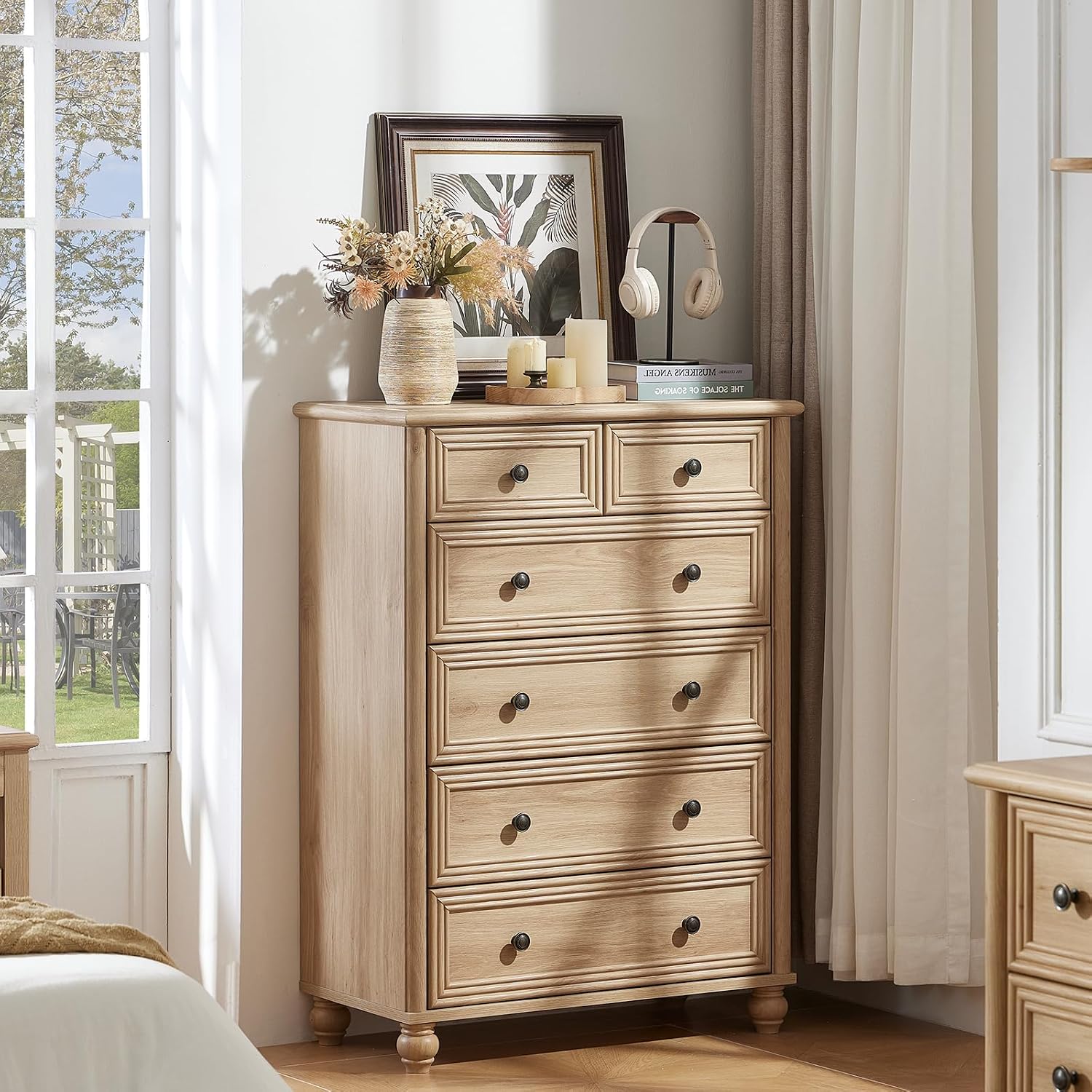 RWYHG Farmhouse 6 Drawer Dresser, 15.75'D x 31.5'W x 43.5'H Chest of Drawers for Bedroom, Natural Tall Dresser with 4 Solid Wood Feet, Wood Storage Dressers Organizer for Living Room Hallway Closet