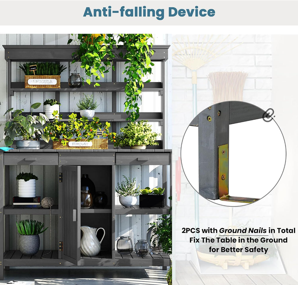 66' Large Outdoor Farmhouse Wooden Potting Bench Table, Garden Workstation with 2 Drawers, Cabinet & 4-Tier Open Shelves, Fir Wood Potting Table for Backyard, Mudroom (Gray)