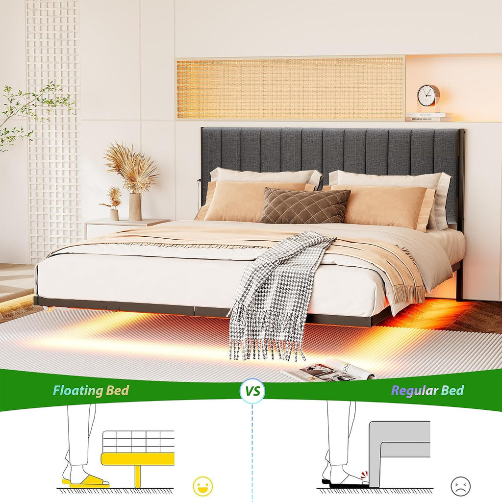 Floating Queen Bed Frame with LED Lights & Charging Station,Modern Metal Platform Bed Frame Queen Size with Upholstered Headboard,No Box Spring Needed,Heavy Duty Steel Slats,Easy Assembly,Noise Free