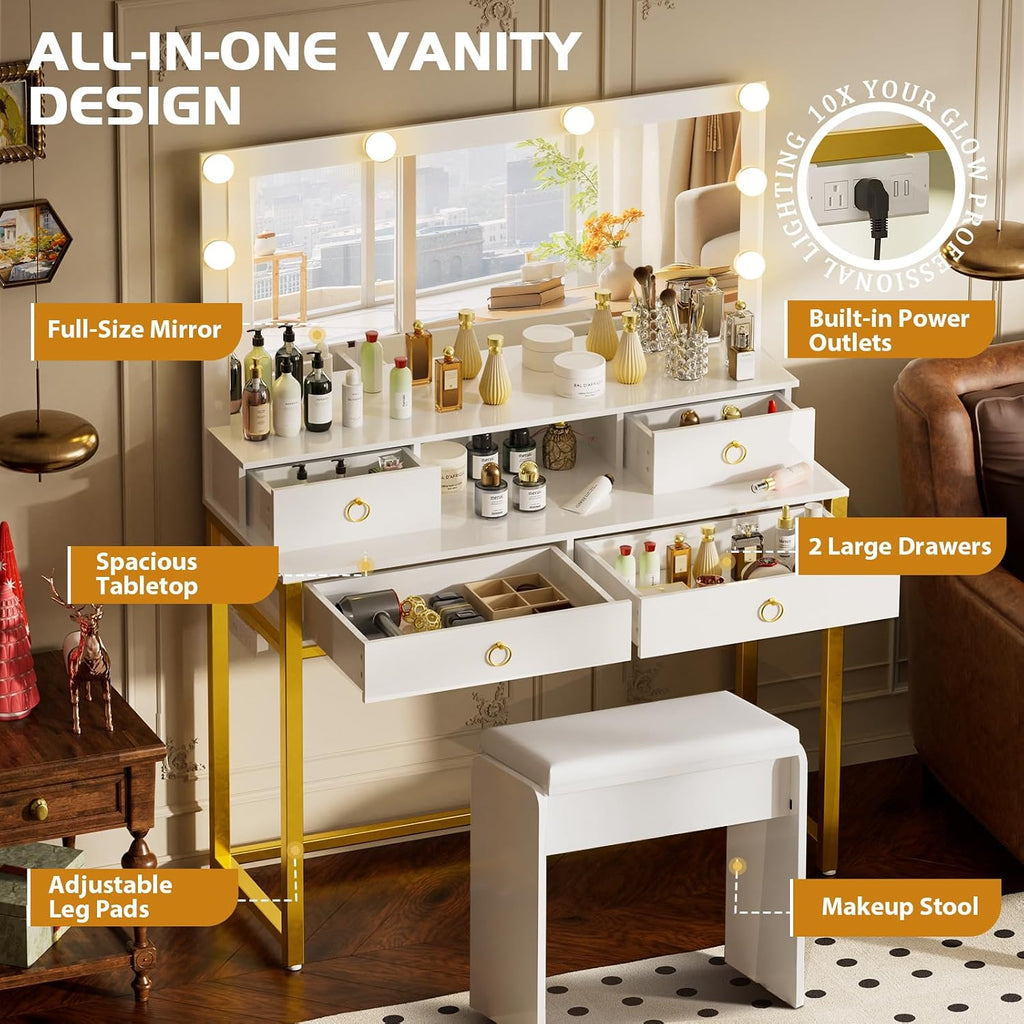 COMHOMA Makeup Vanity Desk with Mirror and Lights, Vanity Table and Chair Set with 4 Drawers and Charging Station, Bedroom Dresser Mirror& Adjustable 3 Color Modes, Storage Shelf, 32In White and Gold