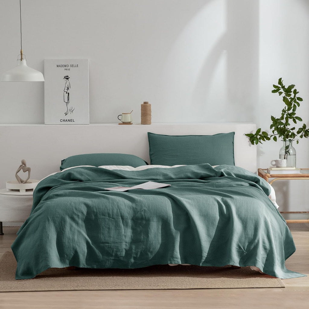 EVERLY Linen Sheets Set Full Size,100% French Stonewash Pure Linen Bed Sheets,4Pieces (1Flat Sheet,1Fitted Sheet,2Pillowcase) Suitable for Hot Sleepers,Deep Pocket Natural Bedding Set-Aqua
