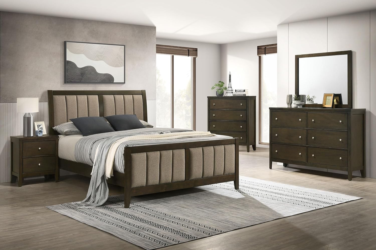 Coaster Home Furnishings Wilkes Transitional 5-Piece Bedroom Set Fabric Upholstered Full Size Panel Bed Frame 51-inch Headboard Dark Cocoa 224421F-S5