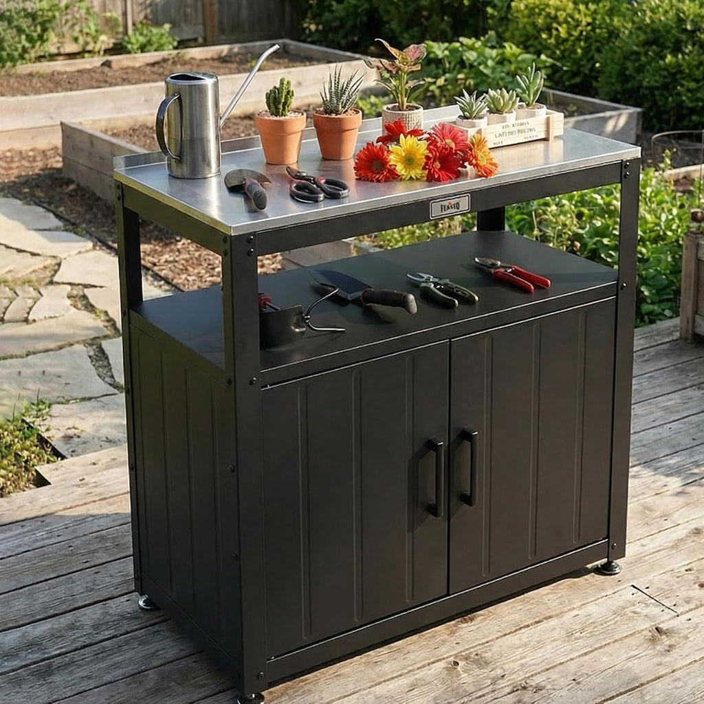 Feasto Heavy-Duty Potting Bench with Storage & Stainless Steel Top | Outdoor Garden Work Table with 200lb Capacity, Adjustable Shelf & Feet, Black