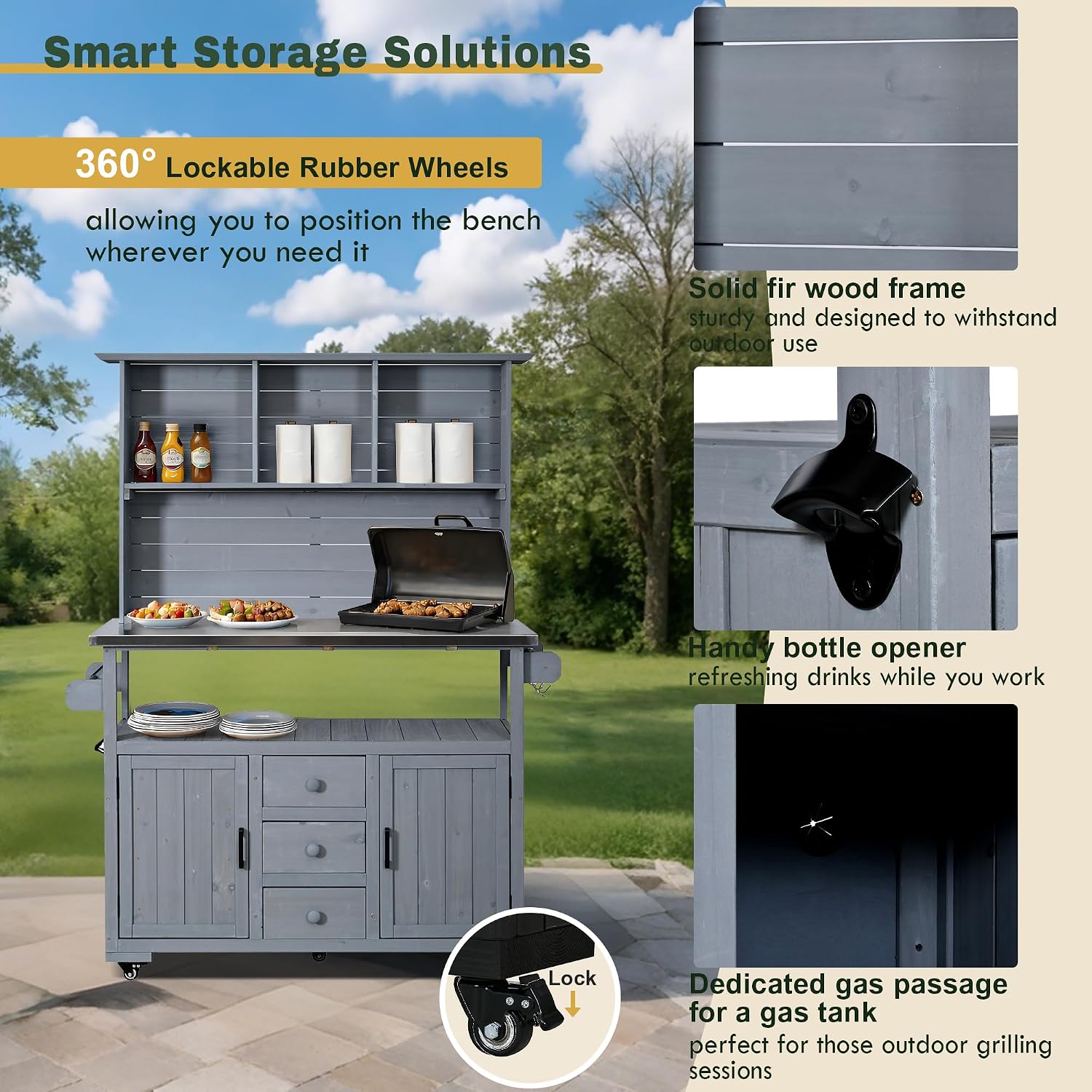 65' H Outdoor Gardening Table with Storage Drawers and Shelves, Large Potting Bench with Stainless Steel Top and Hutch, Wood Outdoor Kitchen Island for Grilling, Gray