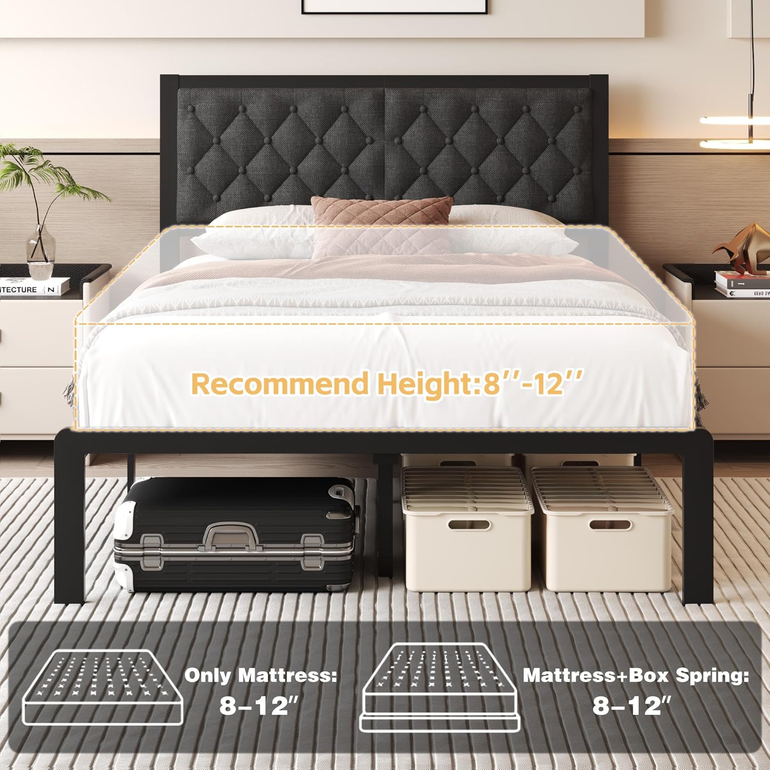Fluest Full Bed Frame with Headboard Linen Upholstered Bed Frame Platform,All Metal Slats Support Platform Bed Frame with Storage Space,Easy Assembly,Noise Free,No Box Spring Needed,Grey