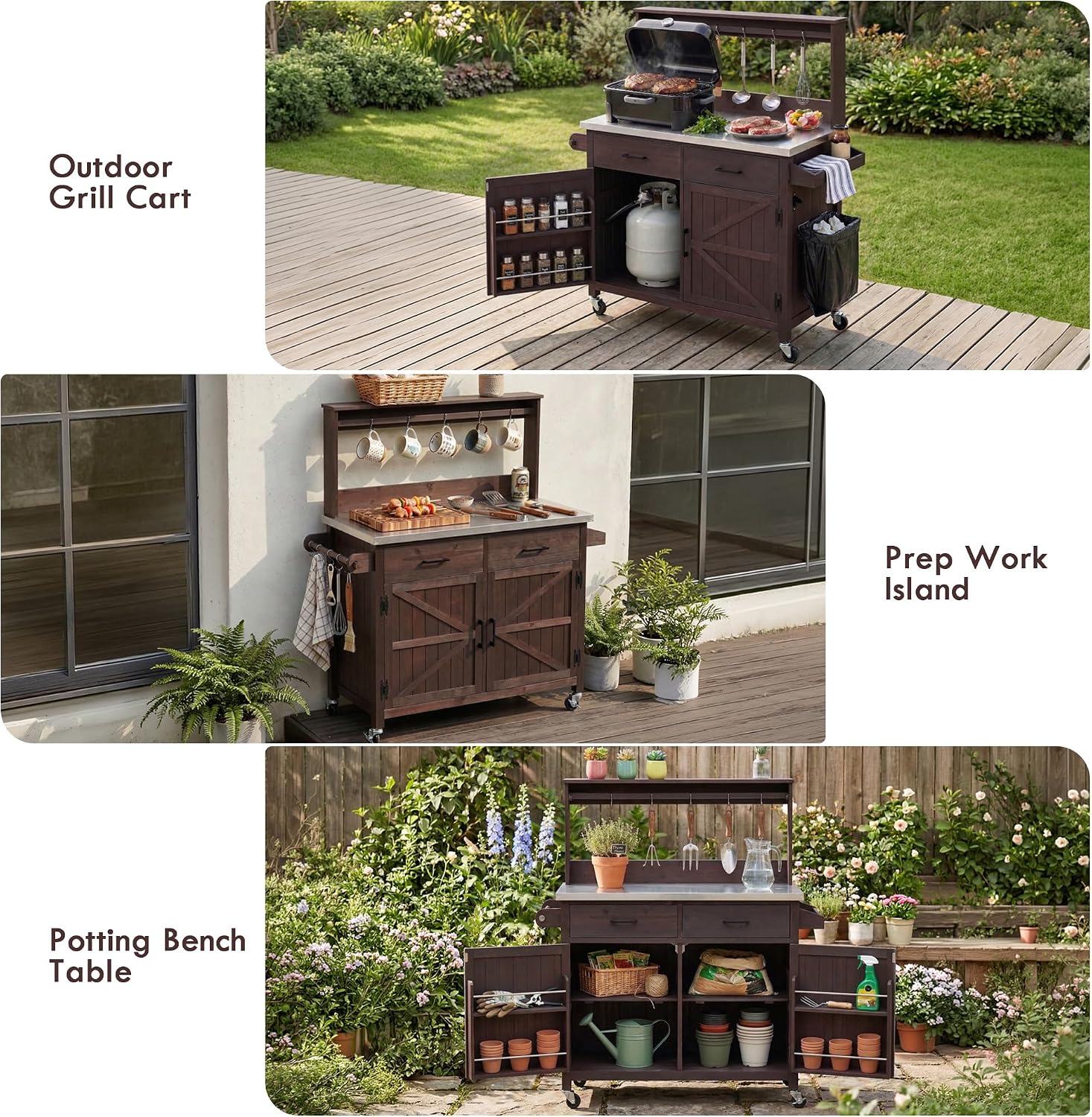 54.1' Outdoor Kitchen Island with High Shelf, Large Potting Bench Table with Stainless Steel Top, Solid Wood Grill Cart with Lockable Wheels for BBQ, Garden (Brown-hs)