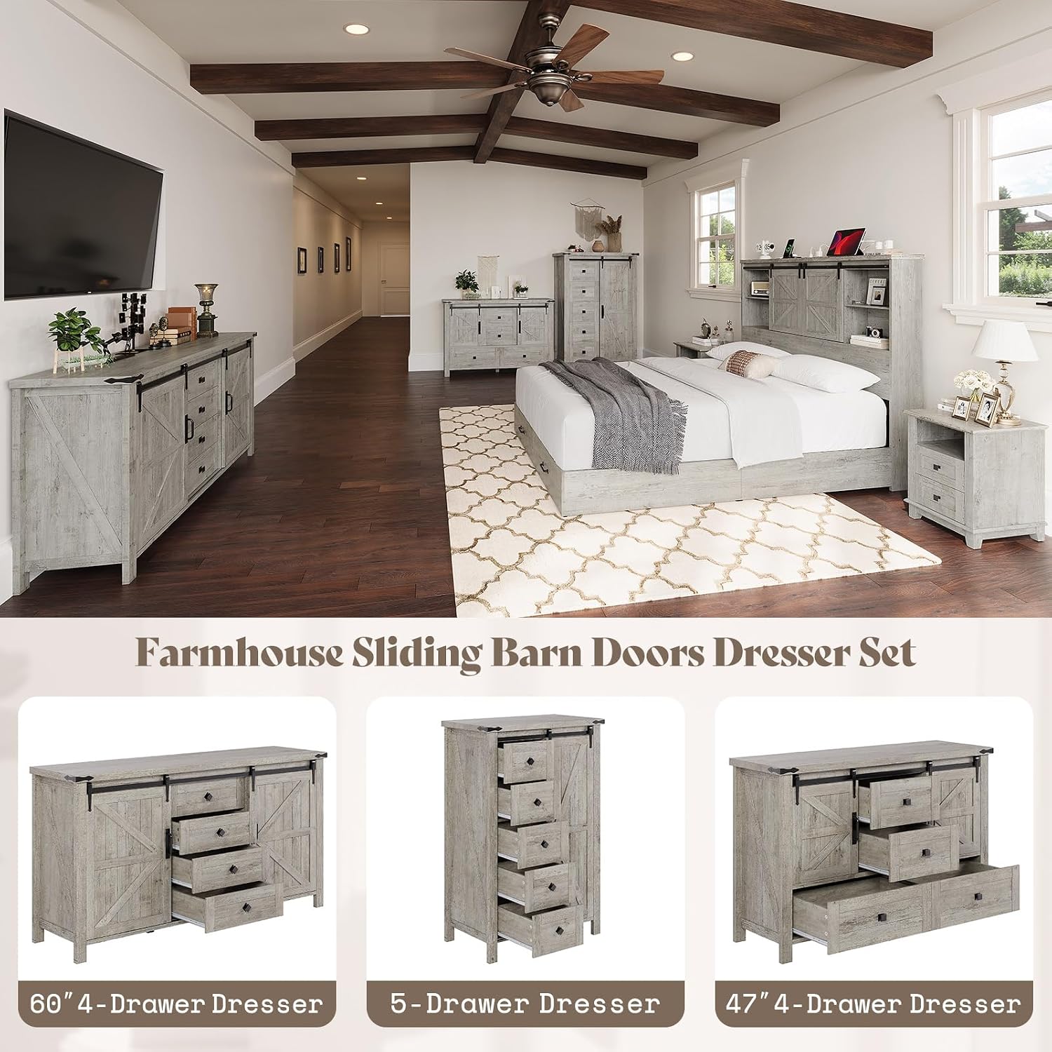 AMERLIFE 4 Pieces Farmhouse Bedroom Set, Includes Full Size Bookcase Headboard Bed Frame, 5 Drawer Tall Dresser, 47'' Dresser with 4 Drawers, 60' Dresser with 4 Drawers, Light Rustic Oak