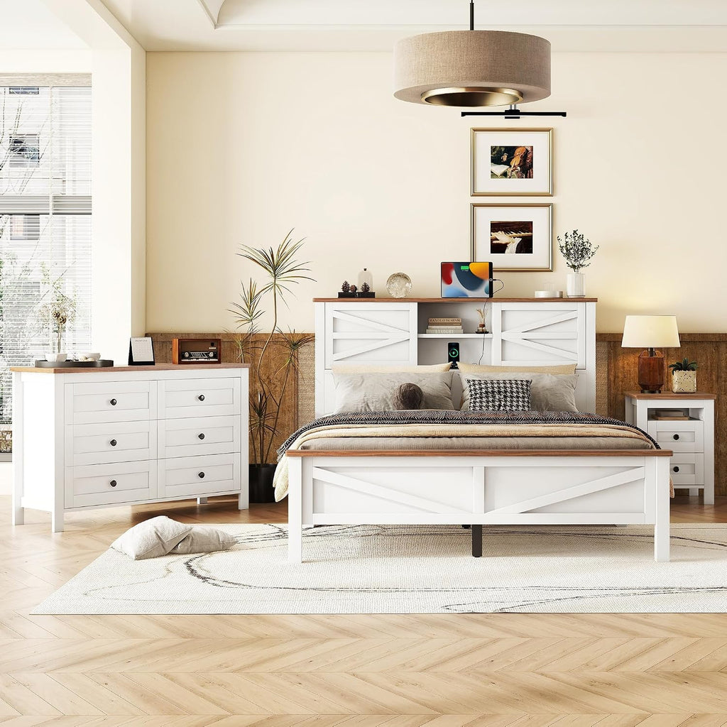Farmhouse 3-Pieces Bedroom Sets Queen Size Farmhouse Platform Bed with Double Sliding Door Storage Headboard and Charging Station,Solid Wood Platform Bed with Storage Nightstand and Dresser,White