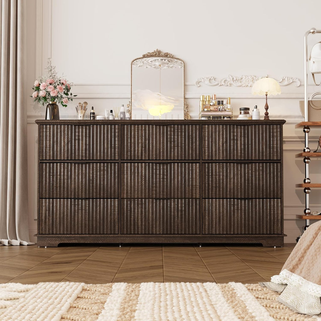 Fluted 9 Drawers Dresser for Bedroom, 63' Wood Dresser with Power Outlet and Deep Drawers, Wide Chest of Drawers, Modern Closet Dressers for Living Room, Upgraded Version with Wooden Drawers, Brown