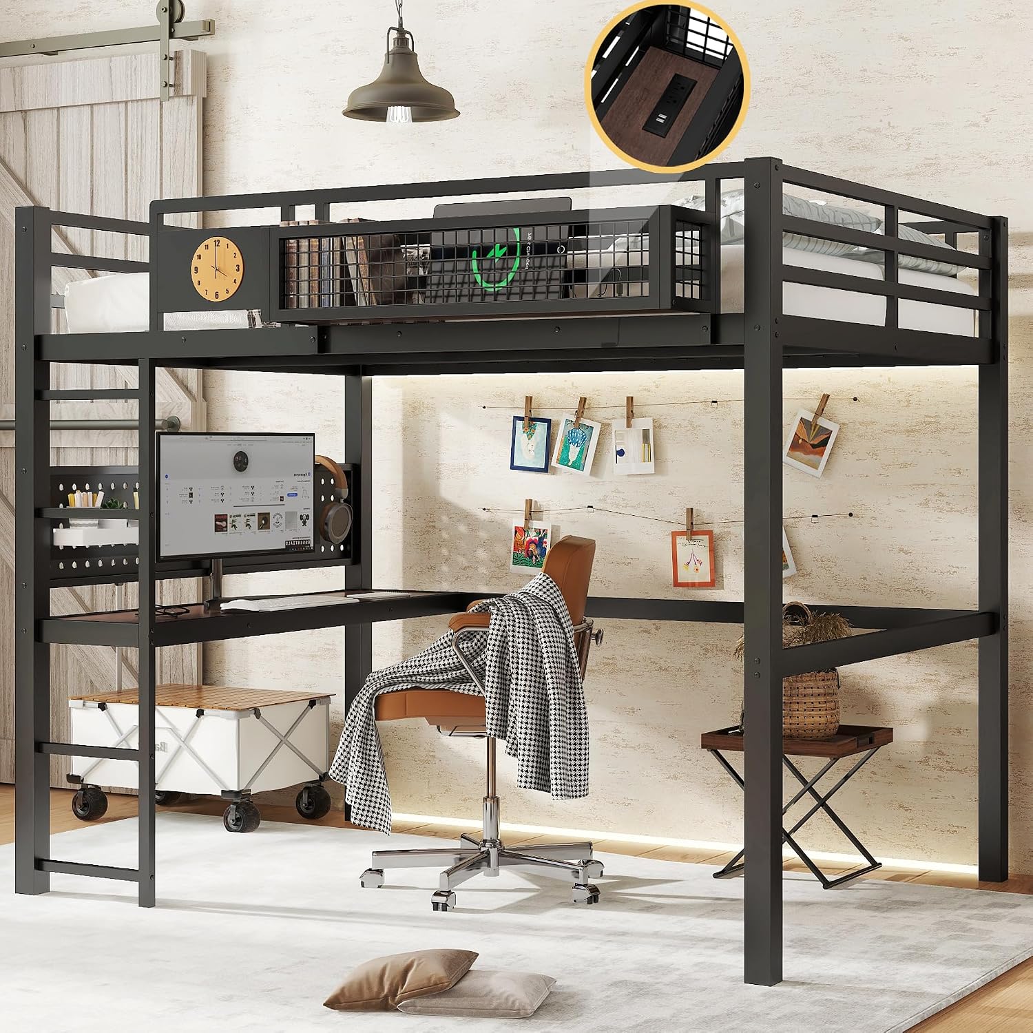 Bellemave Full Size Metal Loft Bed with Desk and Side Clock,Heavy Duty Loft Bed Frame with Charging Station and Pegboard for Kids,Teens,Adults,Full Size,Black