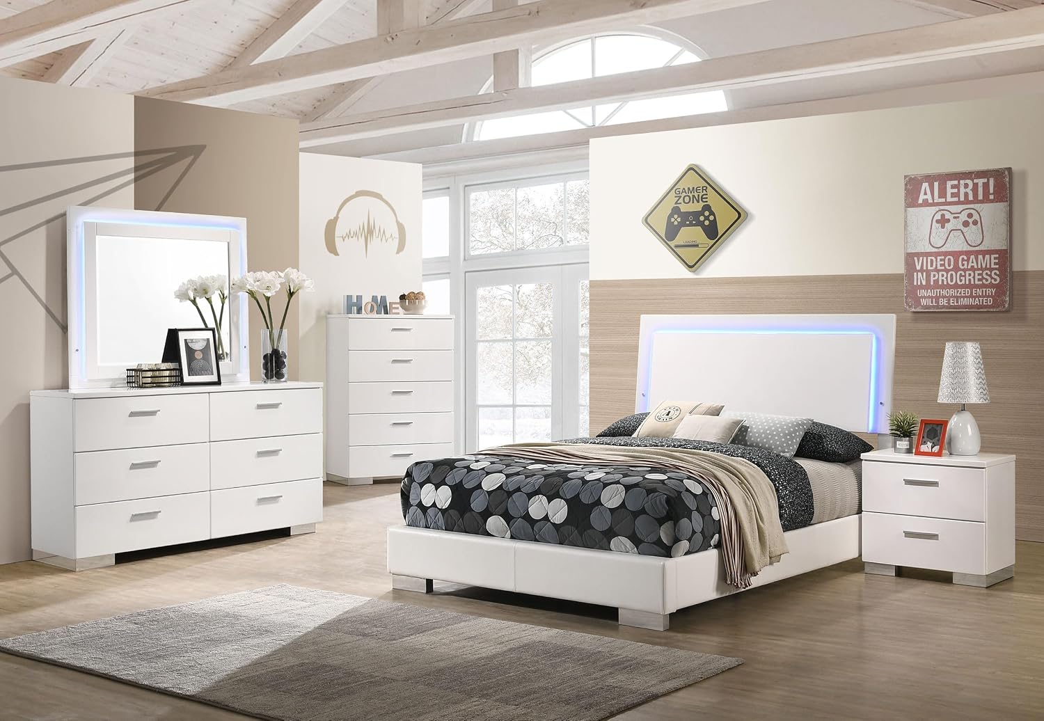 Coaster Home Furnishings Felicity Contemporary 5-Piece Bedroom Set Full Size LED Panel Bed Frame 49-inch Headboard White High Gloss 203500F-S5L