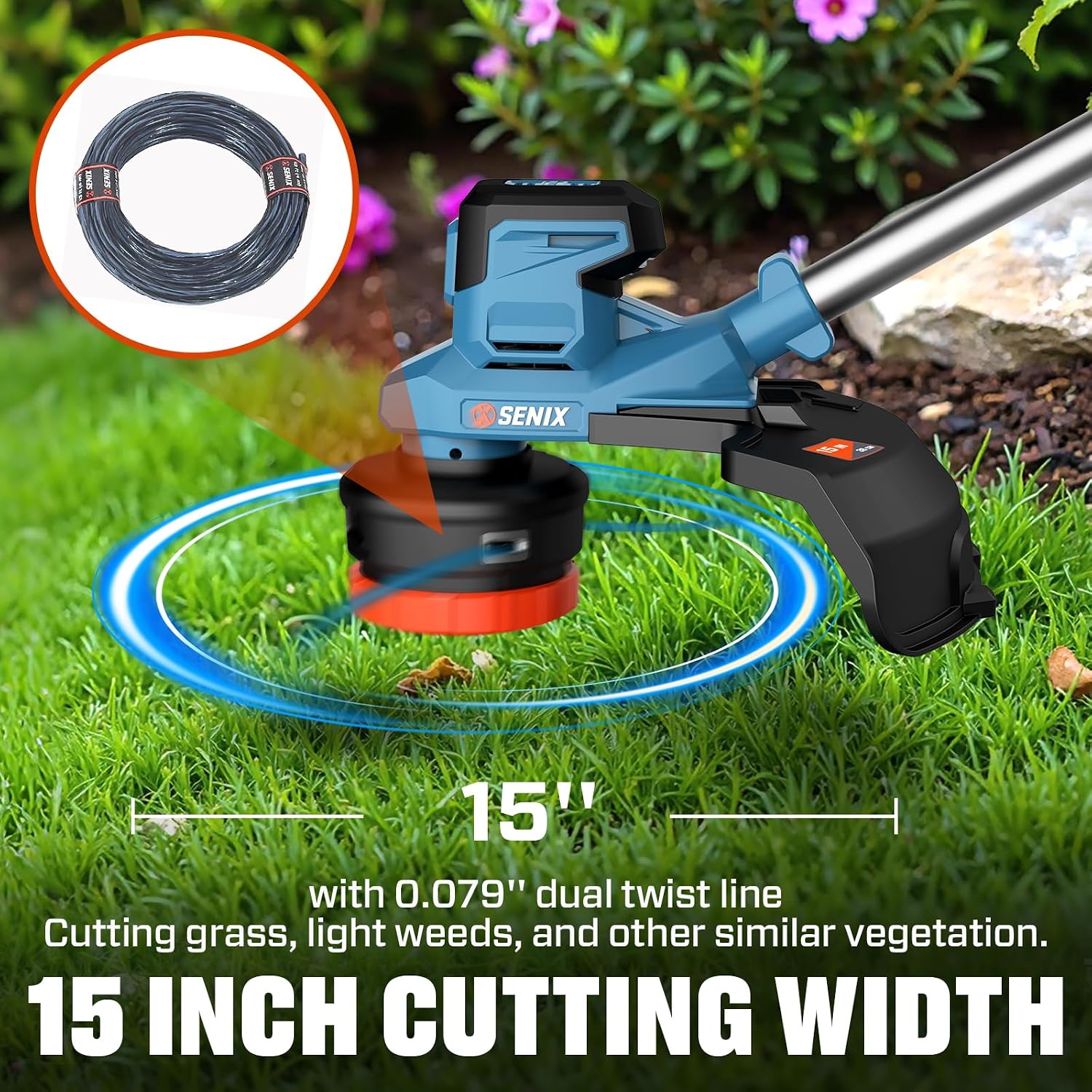 SENIX 20V 15' Weed Wacker, String Trimmer w/5.0Ah Battery & 2A Charger, Variable Speed, Brushless Motor, Lightweight 6.6lbs (GTX2-M3)