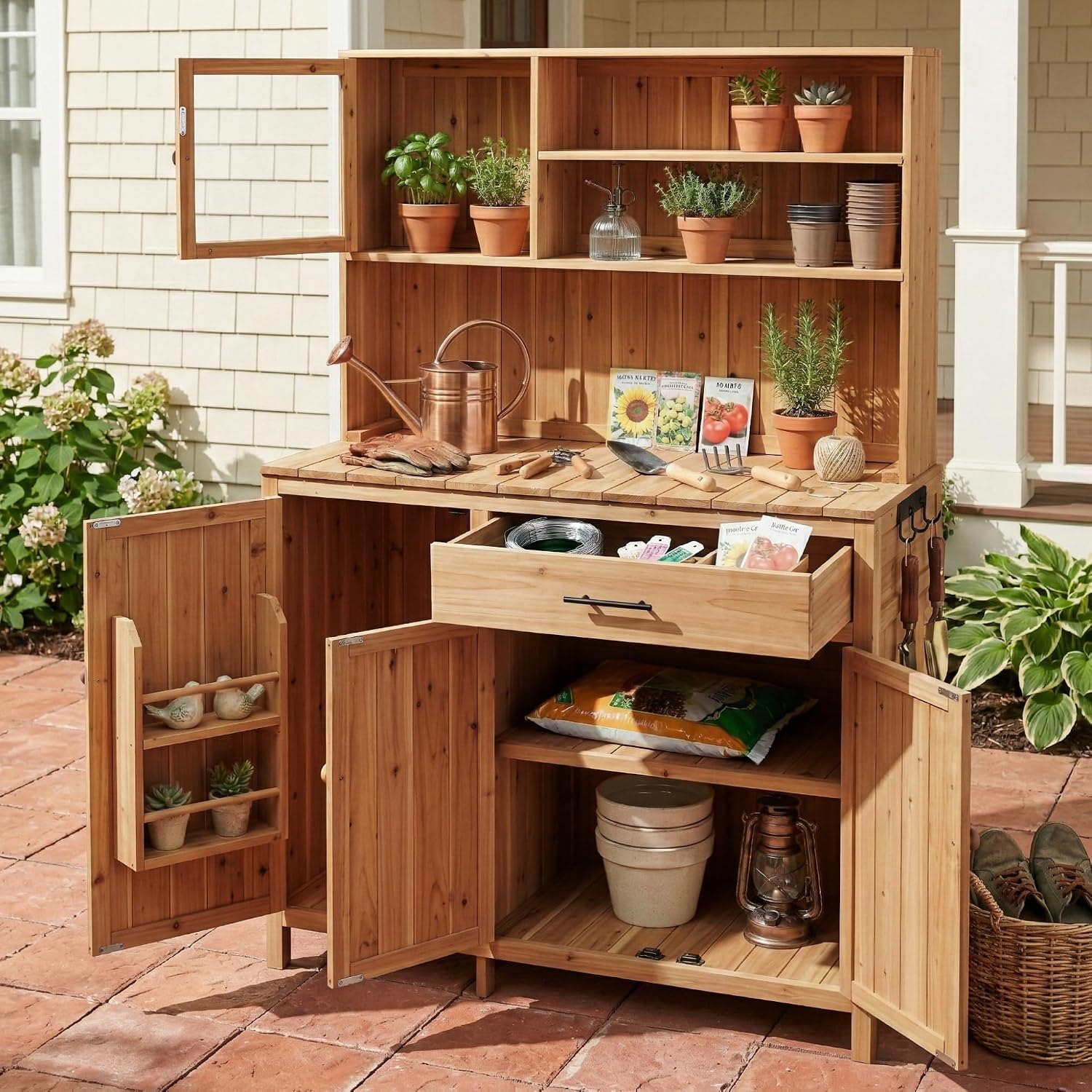Outdoor Potting Bench Table with Hutch,65' H Solid Fir Wood Garden Workstation, Patio Storage Workstation with Adjustable Shelves, Spice Rack, Side Hook and Drawer, for Mudroom, Doorway (Natural)