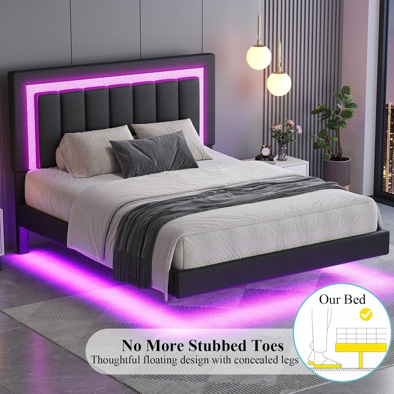 HOMBCK Floating Bed Frame Full with Smart LED Lights, Faux Leather Upholstered Bed Frame Full with Diamond Headboard, No Box Spring Needed, Noise Free, Easy Assembly, Black
