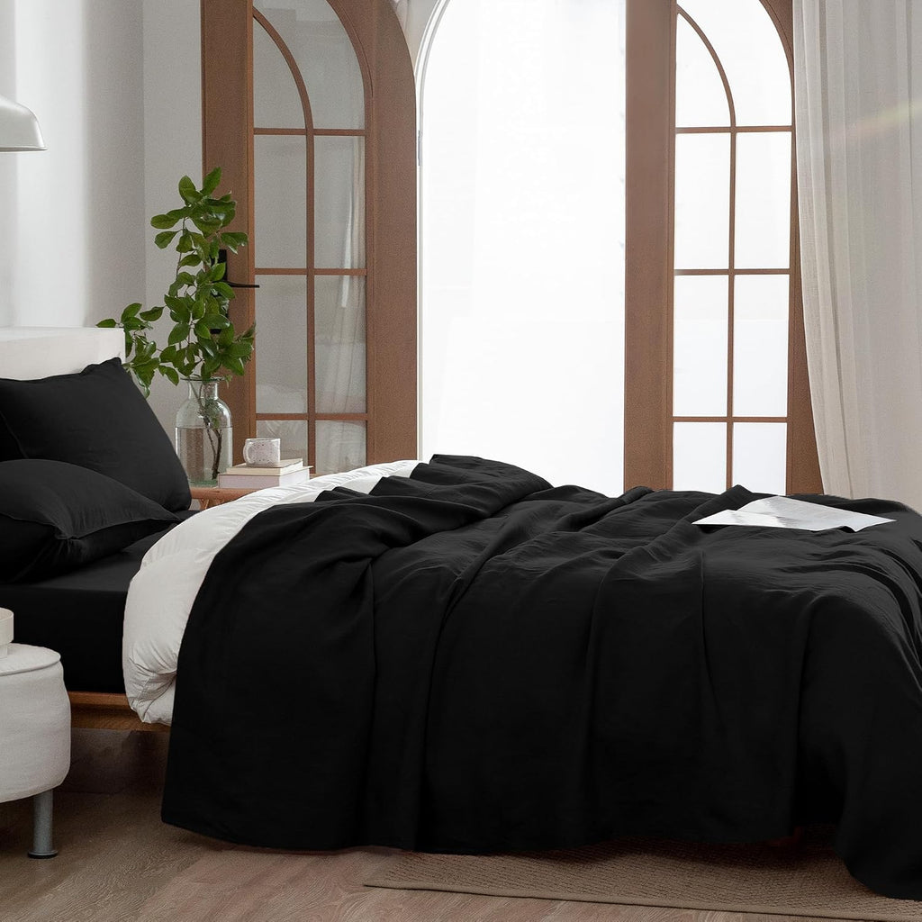 EVERLY Linen Sheets Set Full Size,100% French Stonewash Pure Linen Sheets Set,4Pieces (1Flat Sheet,1Fitted Sheet,2Pillowcase) Suitable for Hot Sleepers,Deep Pocket Natural Bedding Set-Black
