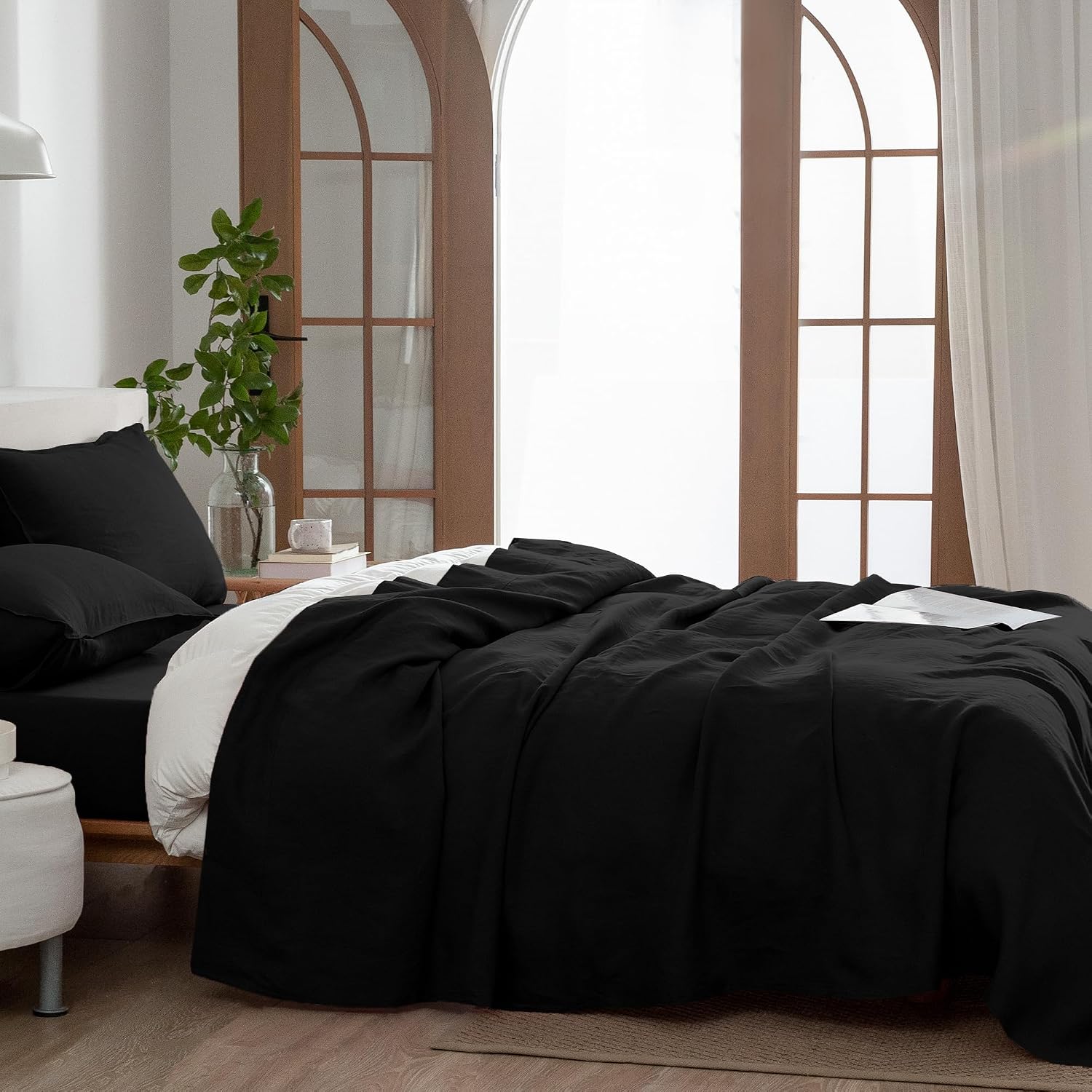 EVERLY Linen Sheets Set Full Size,100% French Stonewash Pure Linen Sheets Set,4Pieces (1Flat Sheet,1Fitted Sheet,2Pillowcase) Suitable for Hot Sleepers,Deep Pocket Natural Bedding Set-Black