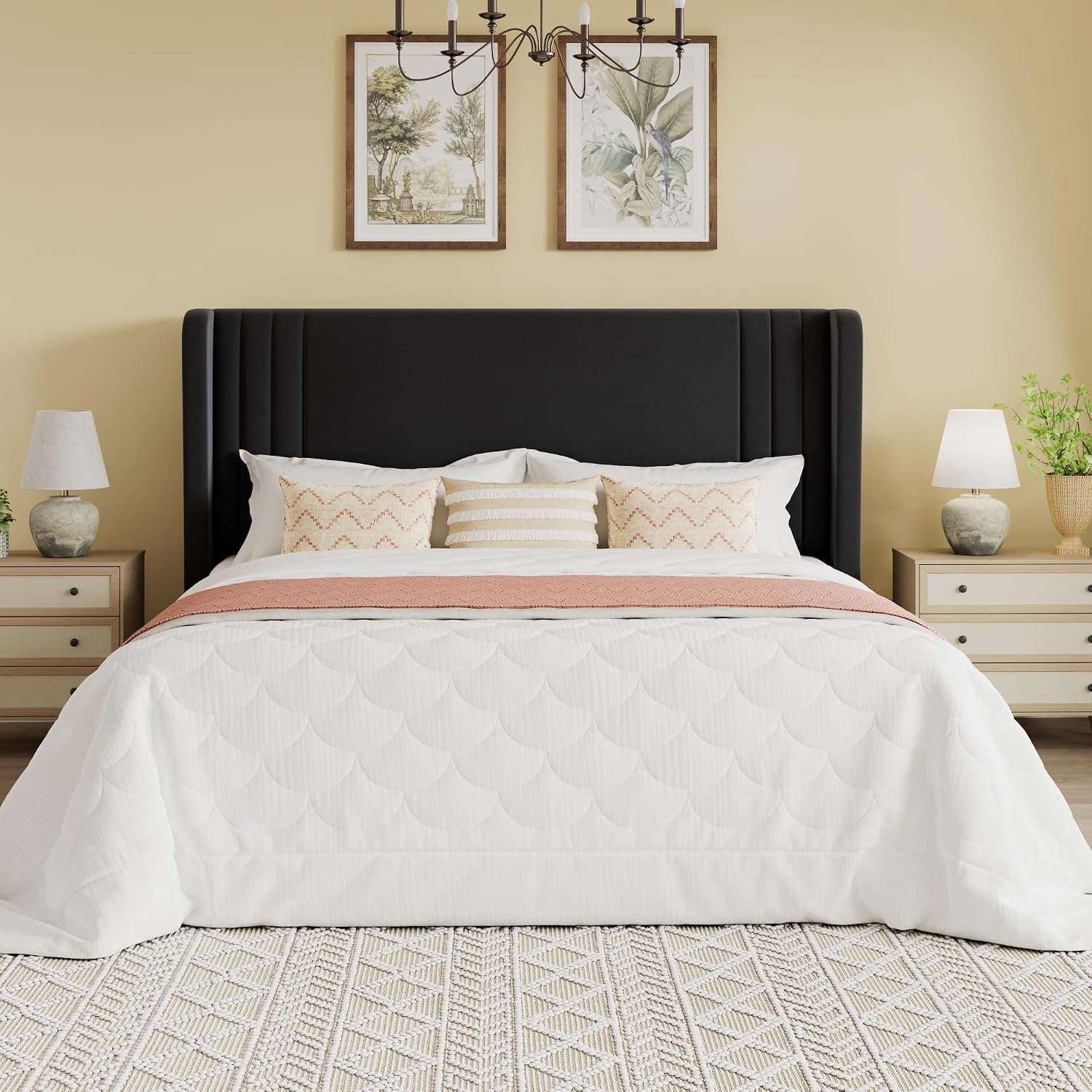 SHA CERLIN Full Size Velvet Upholstered Platform Bed Frame with Vertical Channel Tufted Wingback Headboard, Wooden Slats Support, Easy Assembly, Under Bed Storage, No Box Spring Required, Black