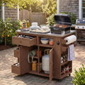 Outdoor Solid Wood Extendable 19.3''/28'' Kitchen Island,Stainless Steel Top Grill Table with Side Spice Rack,Drawers,for Backyard, BBQ,Party (Brown-D)