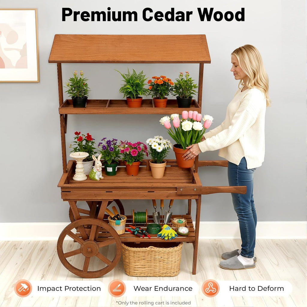 Large Country Market Wooden Rolling Table Cart, Antique Solid Wood Decor Display Rack Cart with Wheels, Rolling Table Carts for Display Various Flowers and Candy (Brown)