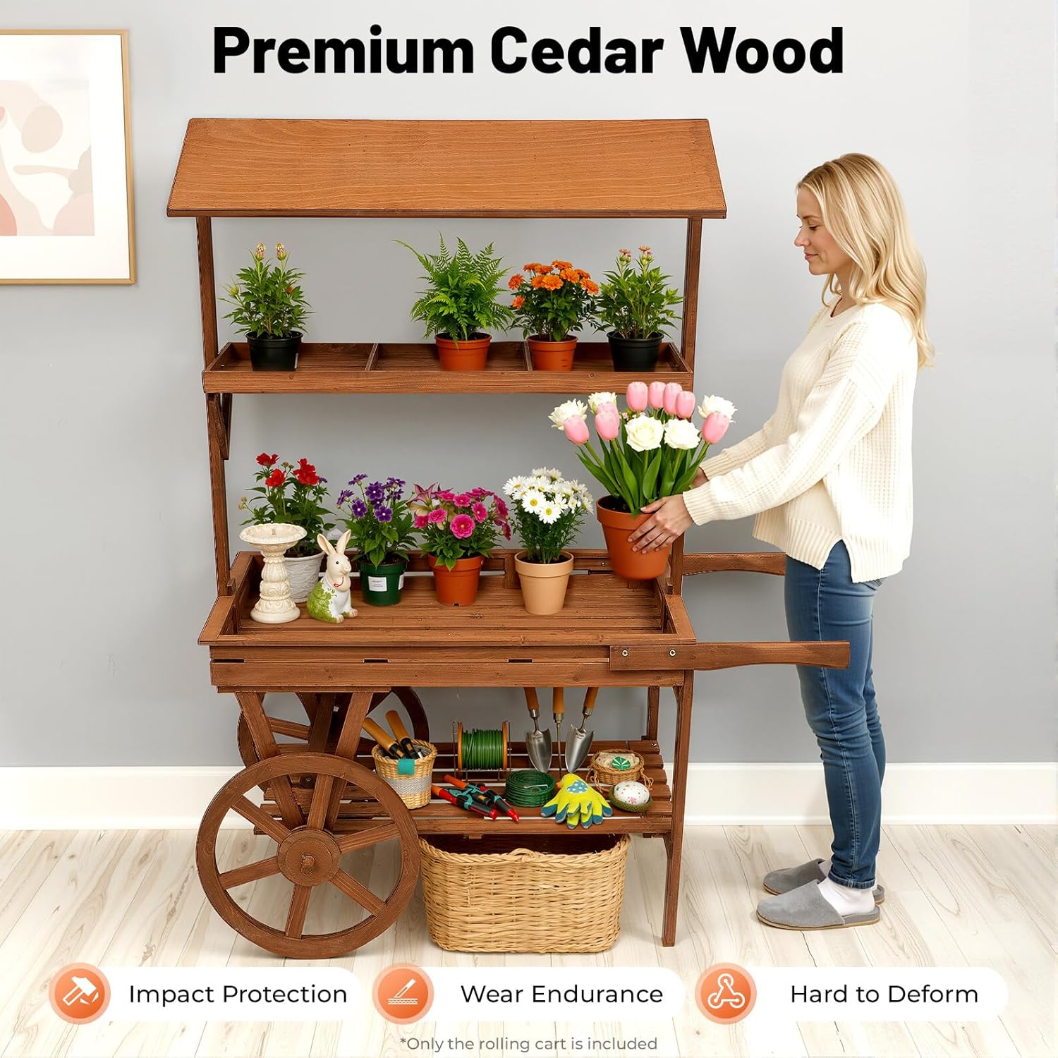 Large Country Market Wooden Rolling Table Cart, Antique Solid Wood Decor Display Rack Cart with Wheels, Rolling Table Carts for Display Various Flowers and Candy (Brown)
