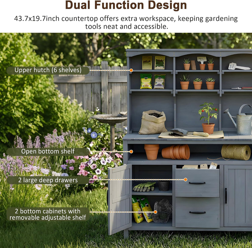 Polibi Large Fir Wood Potting Bench 45.3' Outdoor Patio Kitchen Island with Hutch, Cabinets, Drawers & Hooks, Multi-Functional Gardening Workbench for Grill, Gray