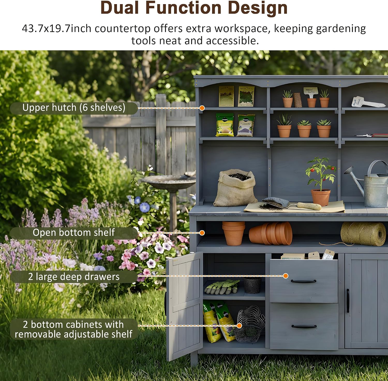 Polibi Large Fir Wood Potting Bench 45.3' Outdoor Patio Kitchen Island with Hutch, Cabinets, Drawers & Hooks, Multi-Functional Gardening Workbench for Grill, Gray