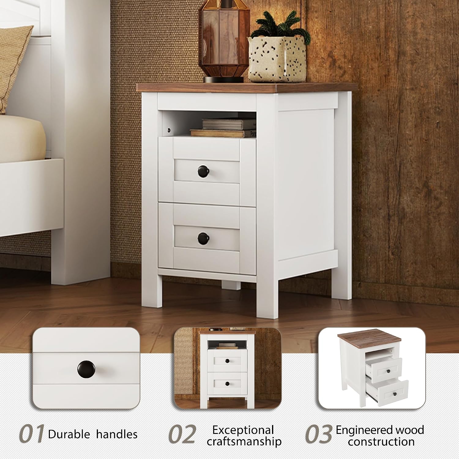 Farmhouse 3-Pieces Bedroom Sets Queen Size Farmhouse Platform Bed with Double Sliding Door Storage Headboard and Charging Station,Solid Wood Platform Bed with Storage Nightstand and Dresser,White