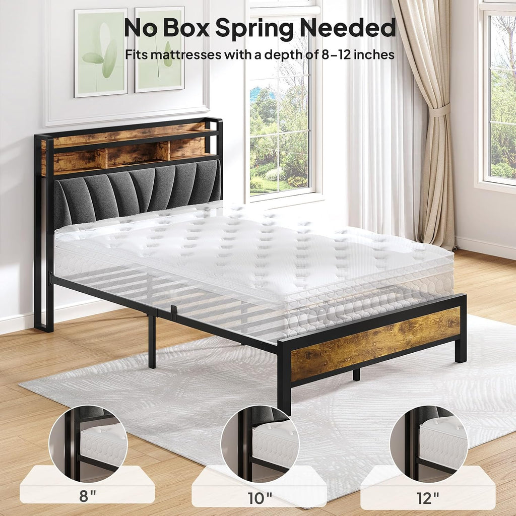 Welzona Full Size Bed Frame with Charging Station, LED Bed with Upholstered Storage Headboard, Solid and Stable, Noise Free, No Box Spring Needed, Easy Assembly, Vintage Brown