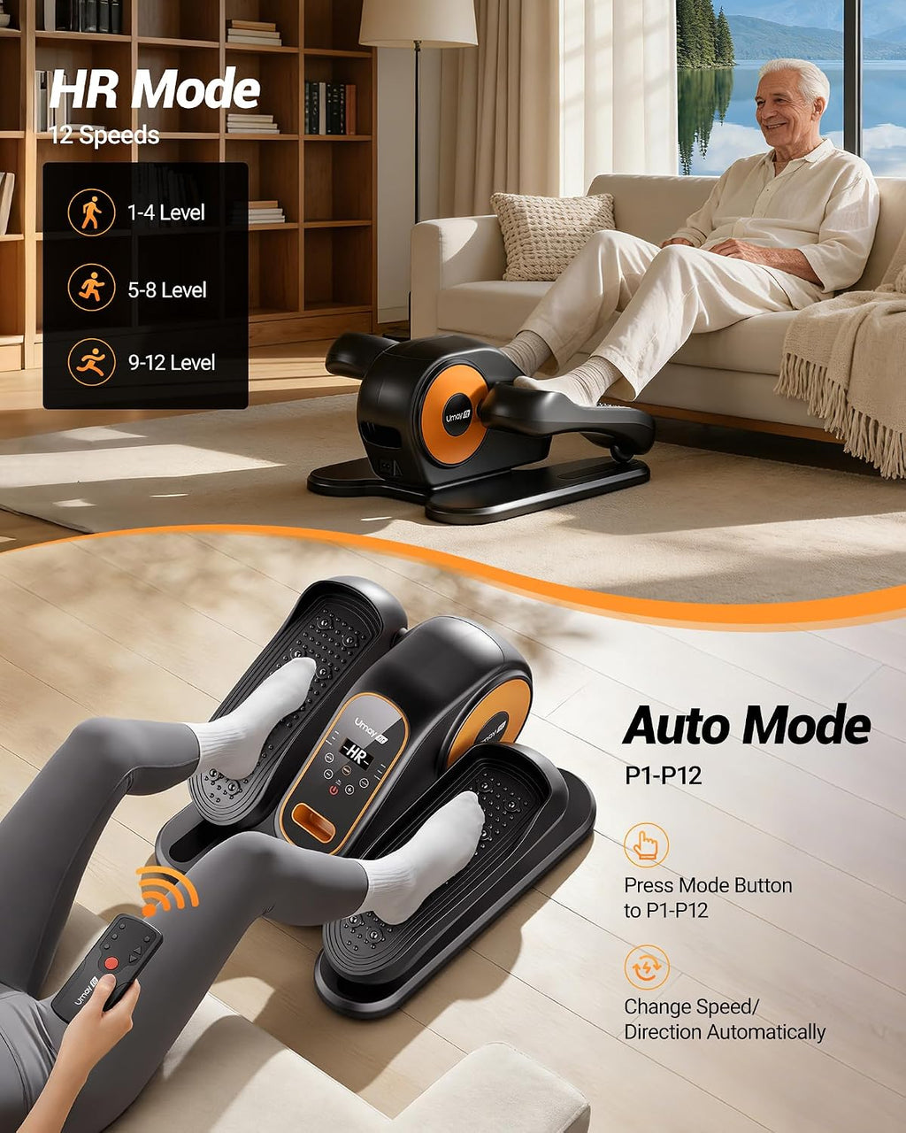 UMAY Under Desk Elliptical Machine, Electric Eclipse Leg Exerciser While Sitting for Seniors with 12 Speeds, Foot Peddler Exercise Machine, Manual & Auto Mode, Seated Pedal Exerciser for Home Office