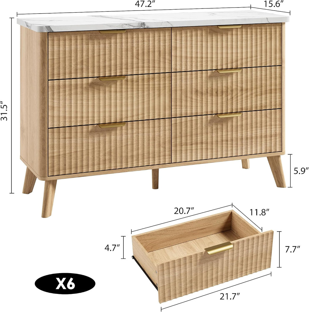 Fluted Dresser for Bedroom with 6 Deep Drawers, 47.2 in Tall Chest of Drawers with Faux Marble Top, Curved Profile Design, Modern Wooden Dresser, for Living Room, Kids Room, Hallway, Natural Oak