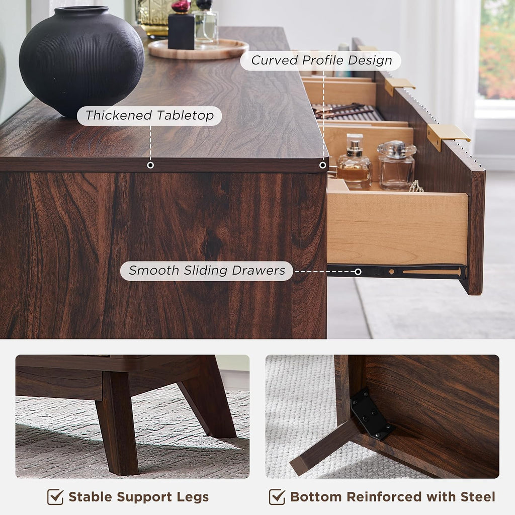 T4TREAM Fluted 9 Drawers Dresser, 54' Wide Modern Chest of Drawers, Curved Profile Design, Dresser TV Stand, Wood Drawer Organizer for Bedroom, Living Room, Hallway, Dark Walnut