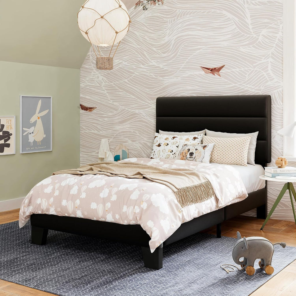 GOLDORO Twin Size Platform Bed Frame with Upholstered Headboard, Wooden Slats Support, No Box Spring Needed, Easy Assembly, Black