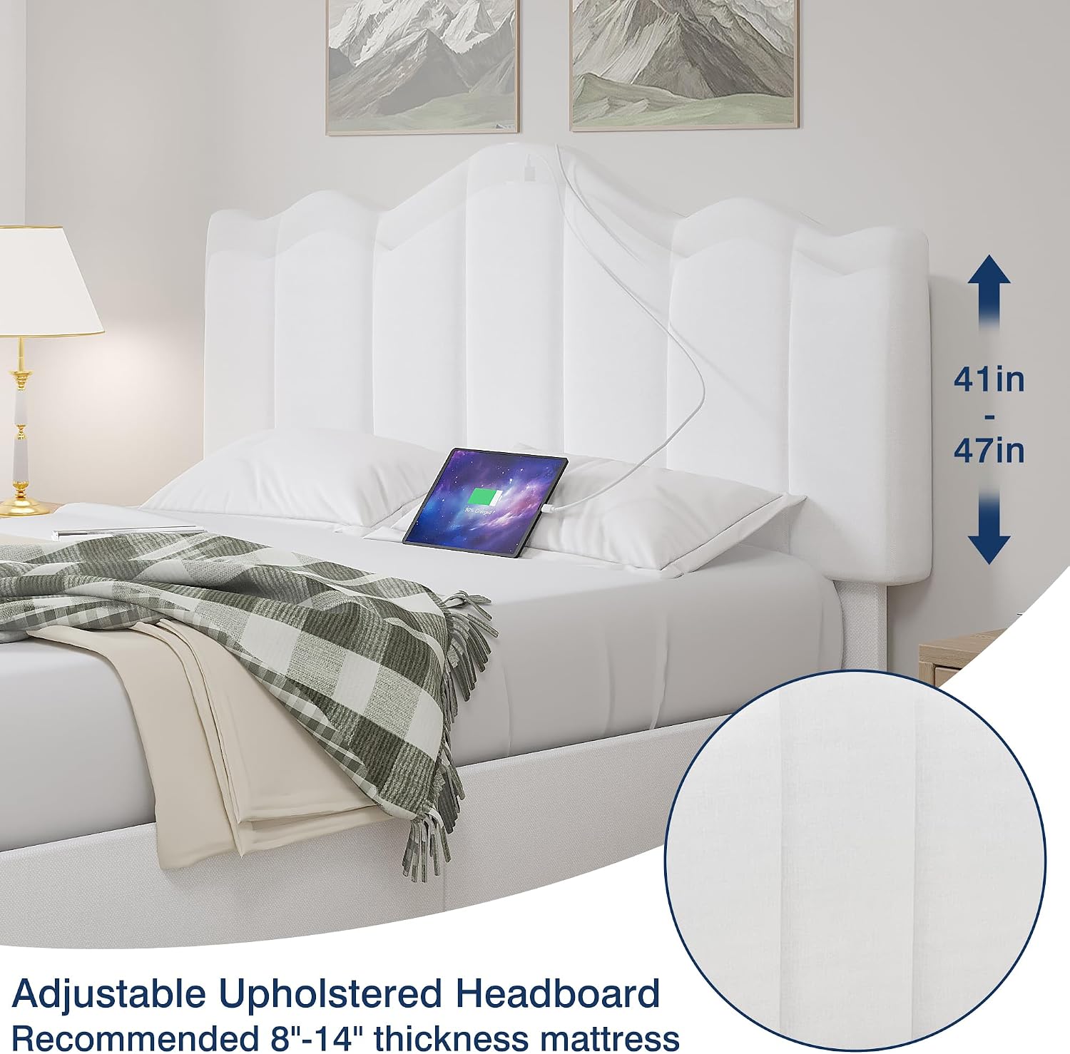 VECELO Full Size Platform Bed Frame with Type-C & USB Charging Stations/4 Storage Drawers, Upholstered Adjustable Headboard, Strong Wooden Slats Support, No Box Spring Needed, Easy Assembly