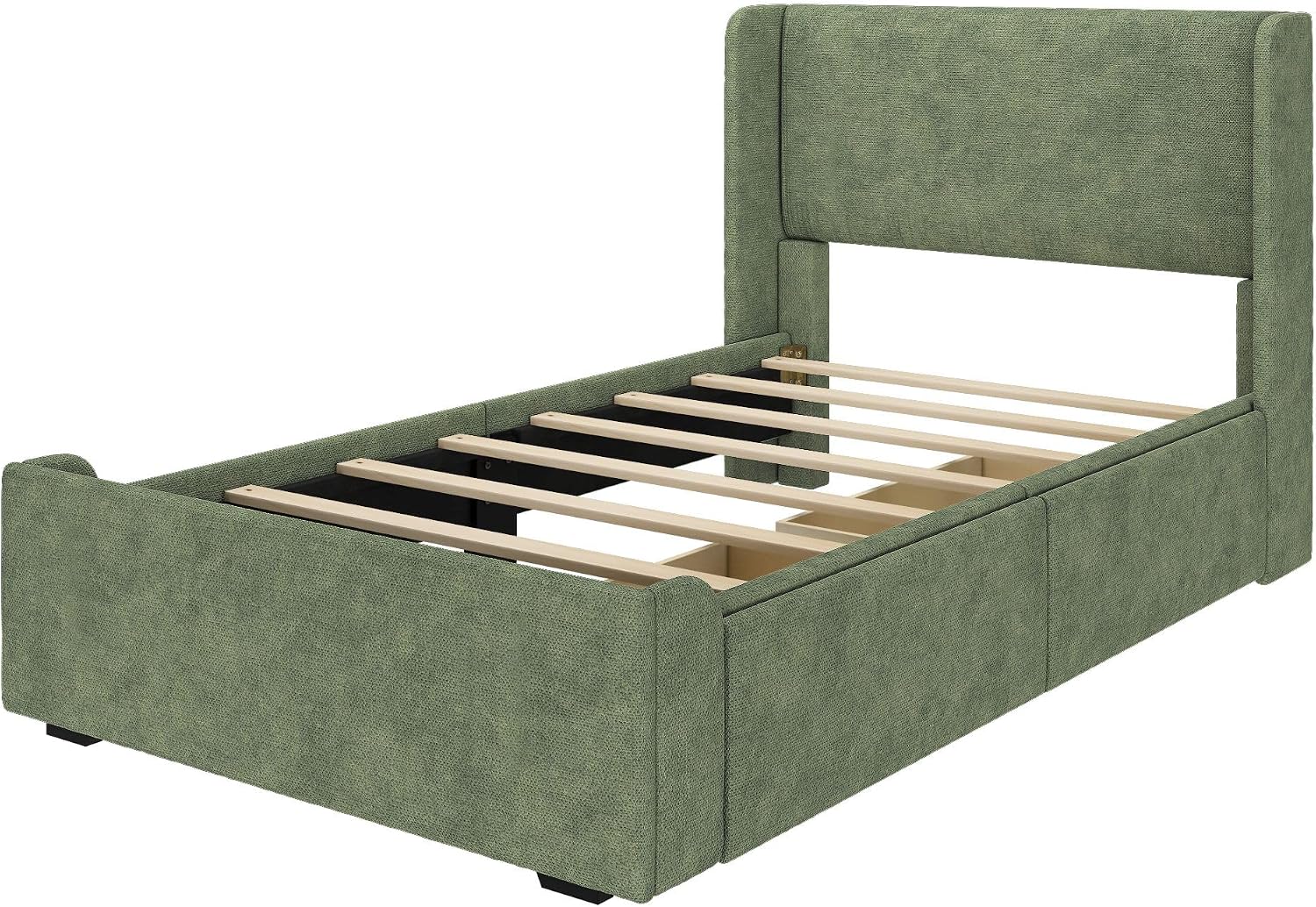 Plank+Beam Upholstered Twin Bed Frame with Rectangular Headboard and Two Storage Drawers, Upholstered Platform Bed, No Box Spring Needed, Easy Assembly, Green
