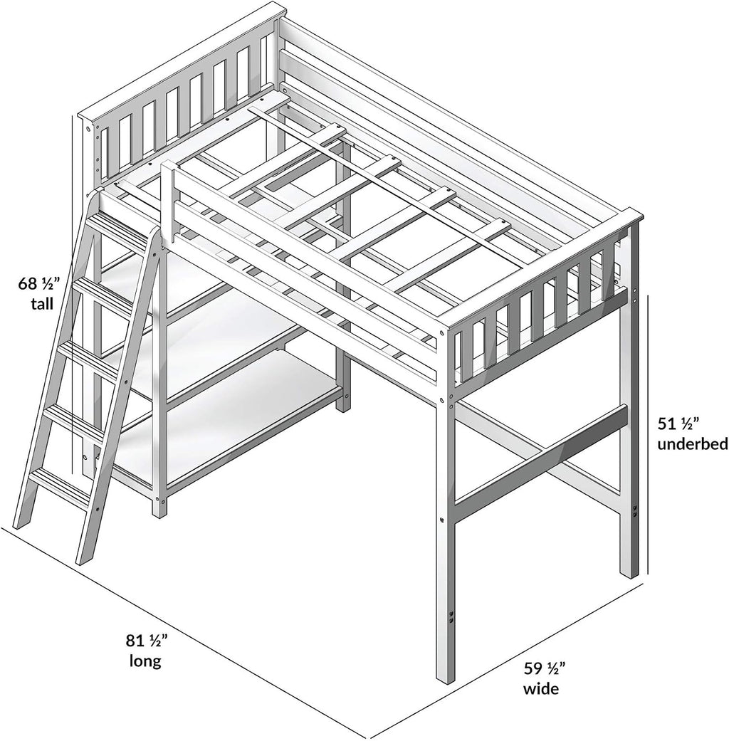 Max & Lily High Loft Bed, Twin Bed Frame For Kids With Bookcase, Grey