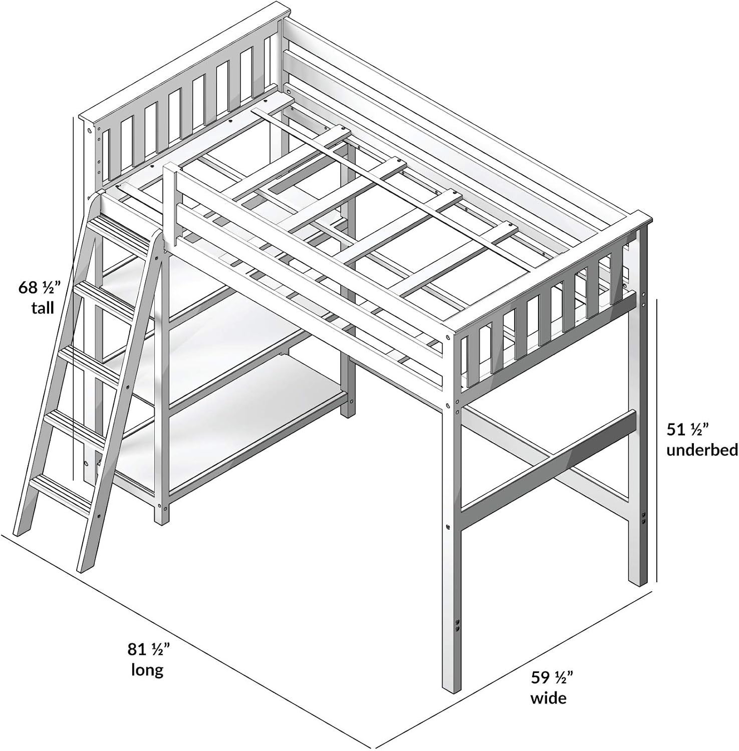 Max & Lily High Loft Bed, Twin Bed Frame For Kids With Bookcase, Grey