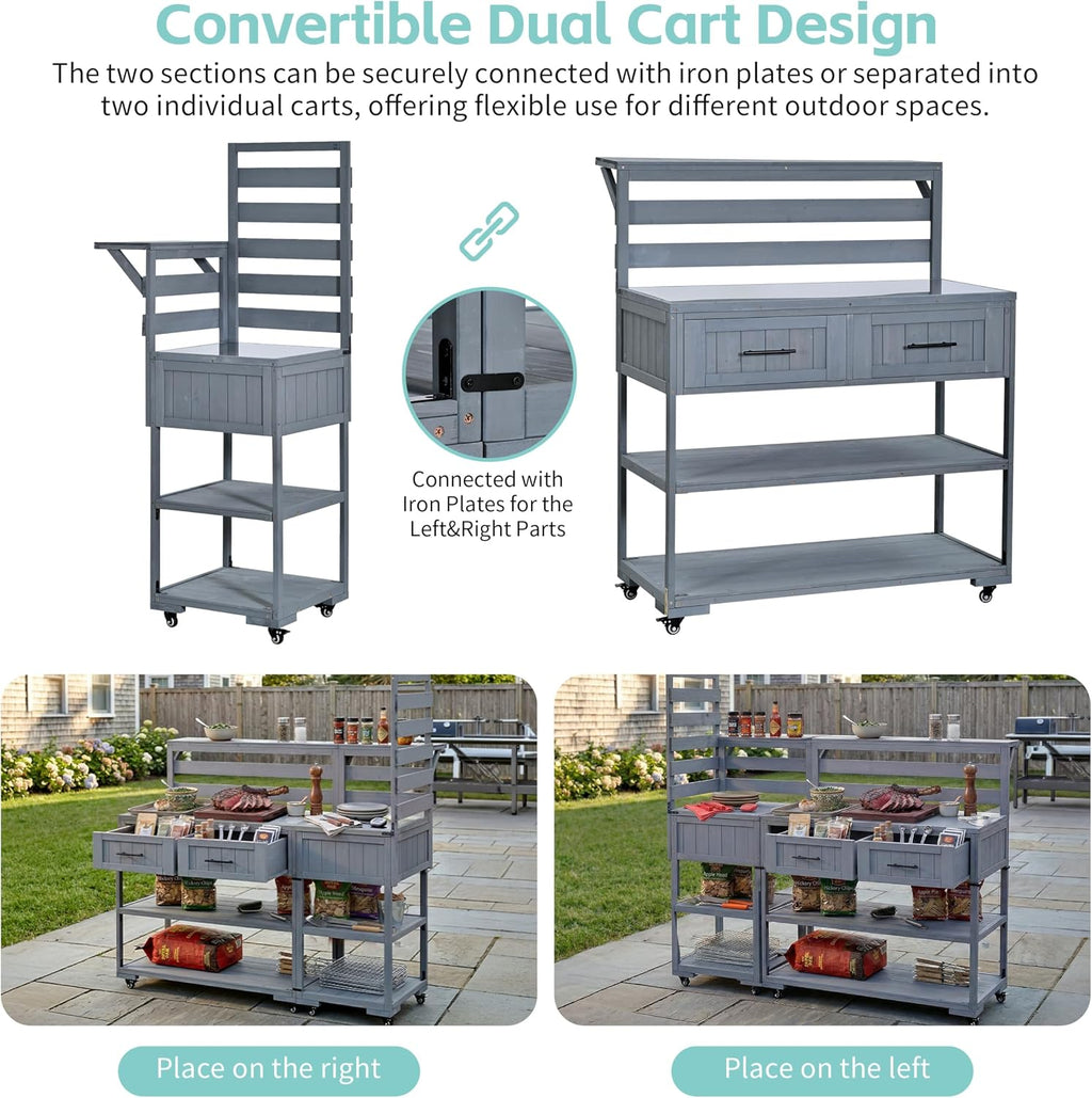Polibi 62.3' Outdoor Kitchen Island Solid Wood BBQ Cart with Stainless Steel Top & Drawers, Heavy Duty Patio Prep Table on Wheels, 2-in-1 Garden Potting Bench for Parties, Gray