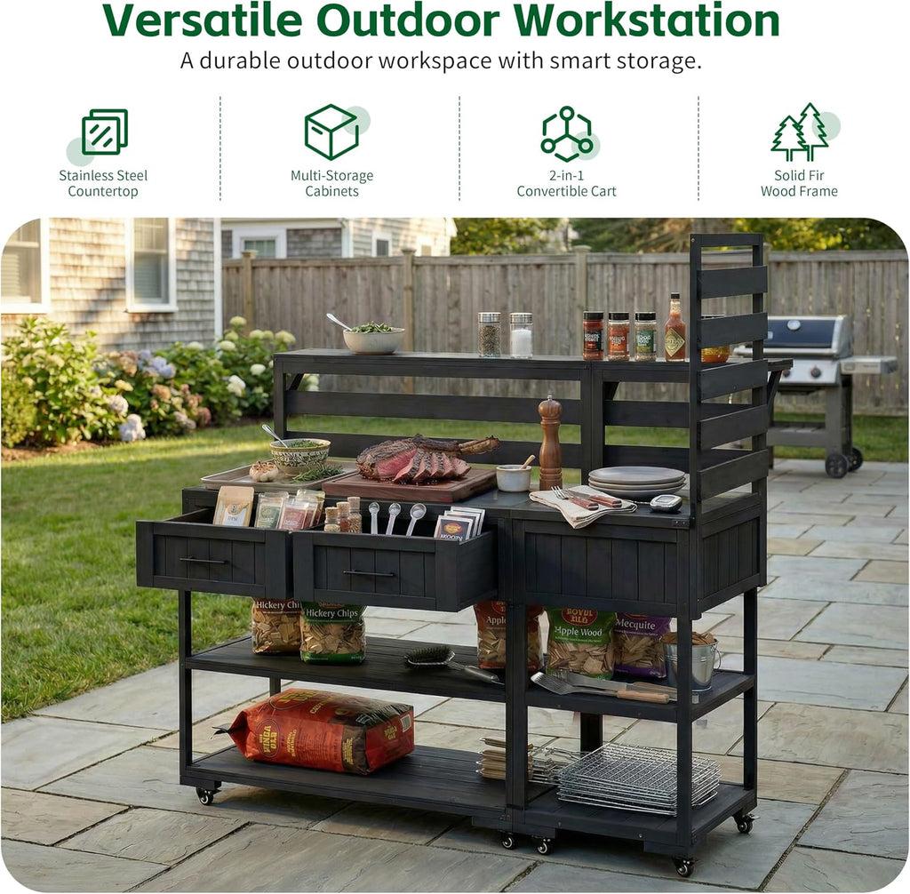 62.3'' Patio Kitchen Island Cart with Stainless Table Top,Solid Wood Garden Potting Bench with Raised Shelf and Drawers, Grill Prep Table for BBQ, Party (Black-PK)