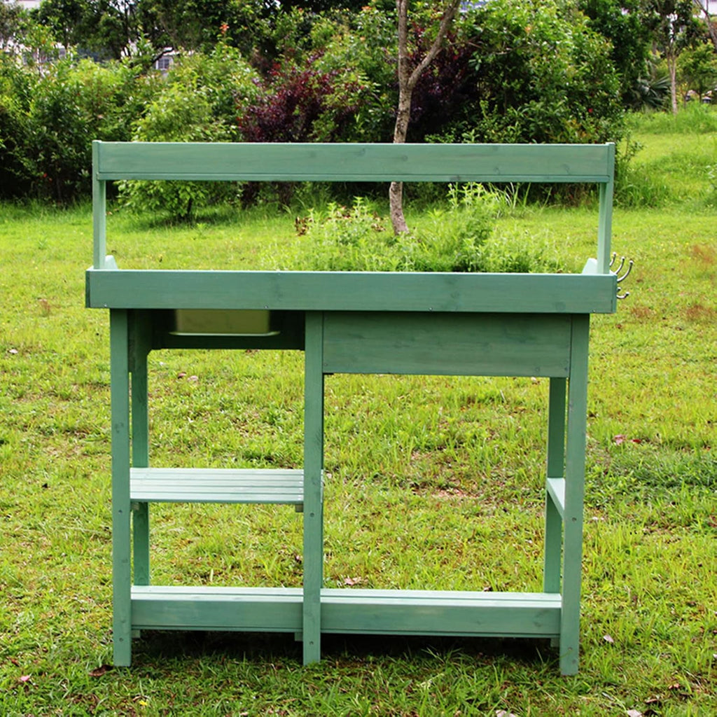 Garden Potting Bench Table, Wood Outdoor Workstation with Storage Cabinet and Planting Sink, Side Hooks and Bottom Shelf for Garden Supplies