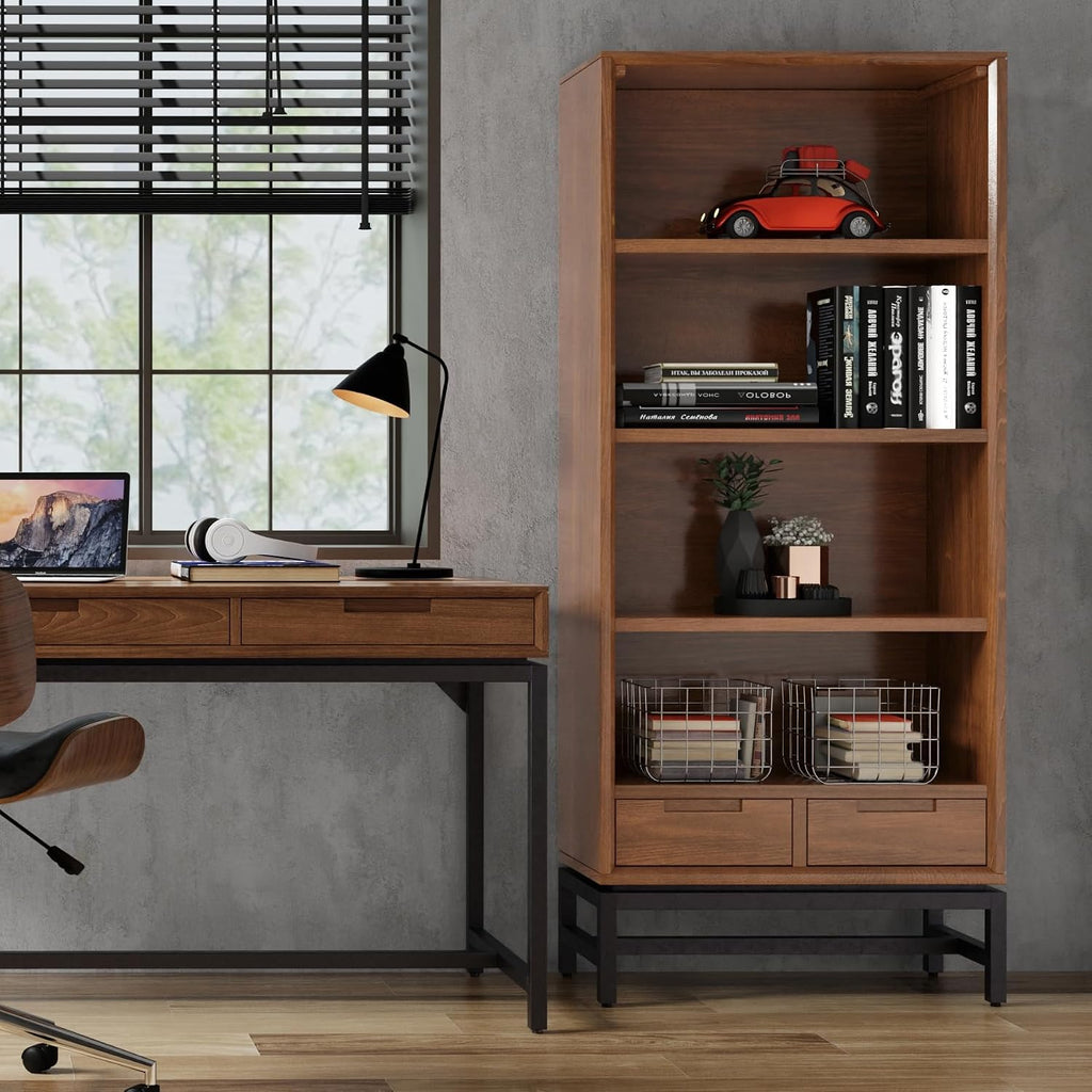 SIMPLIHOME Banting Bookcase - 66 inch Tall Solid Walnut Veneer and Metal Bookshelf, Industrial Storage for Living Room, Study Room or Office with Open Shelves and Metal Frame