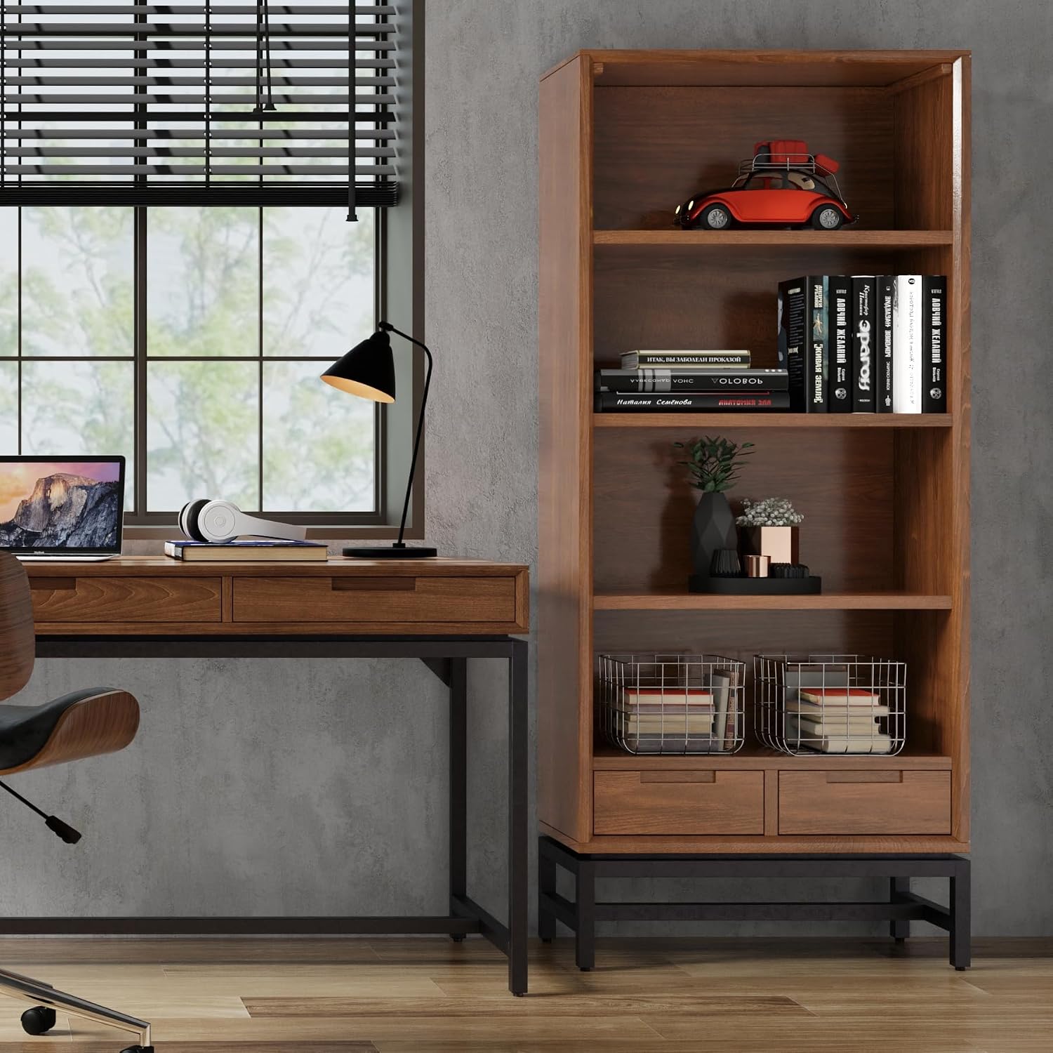 SIMPLIHOME Banting Bookcase - 66 inch Tall Solid Walnut Veneer and Metal Bookshelf, Industrial Storage for Living Room, Study Room or Office with Open Shelves and Metal Frame